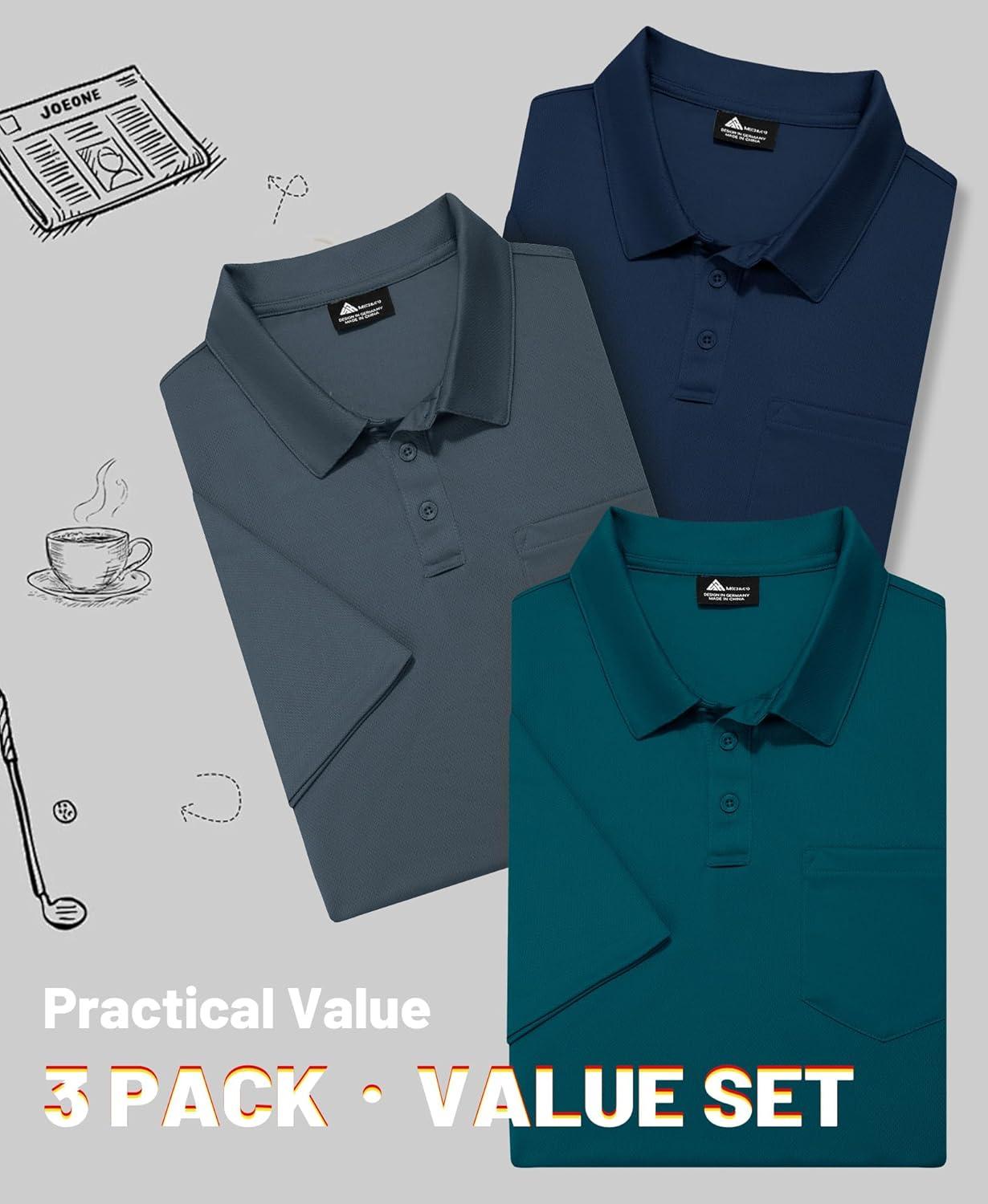 imageZITY Mens 3 Pack Polo Shirts Short Sleeve with Pocket Moisture Wicking Casual Work Golf Lightweight Collared TShirtsNavygreydark Teal Blue