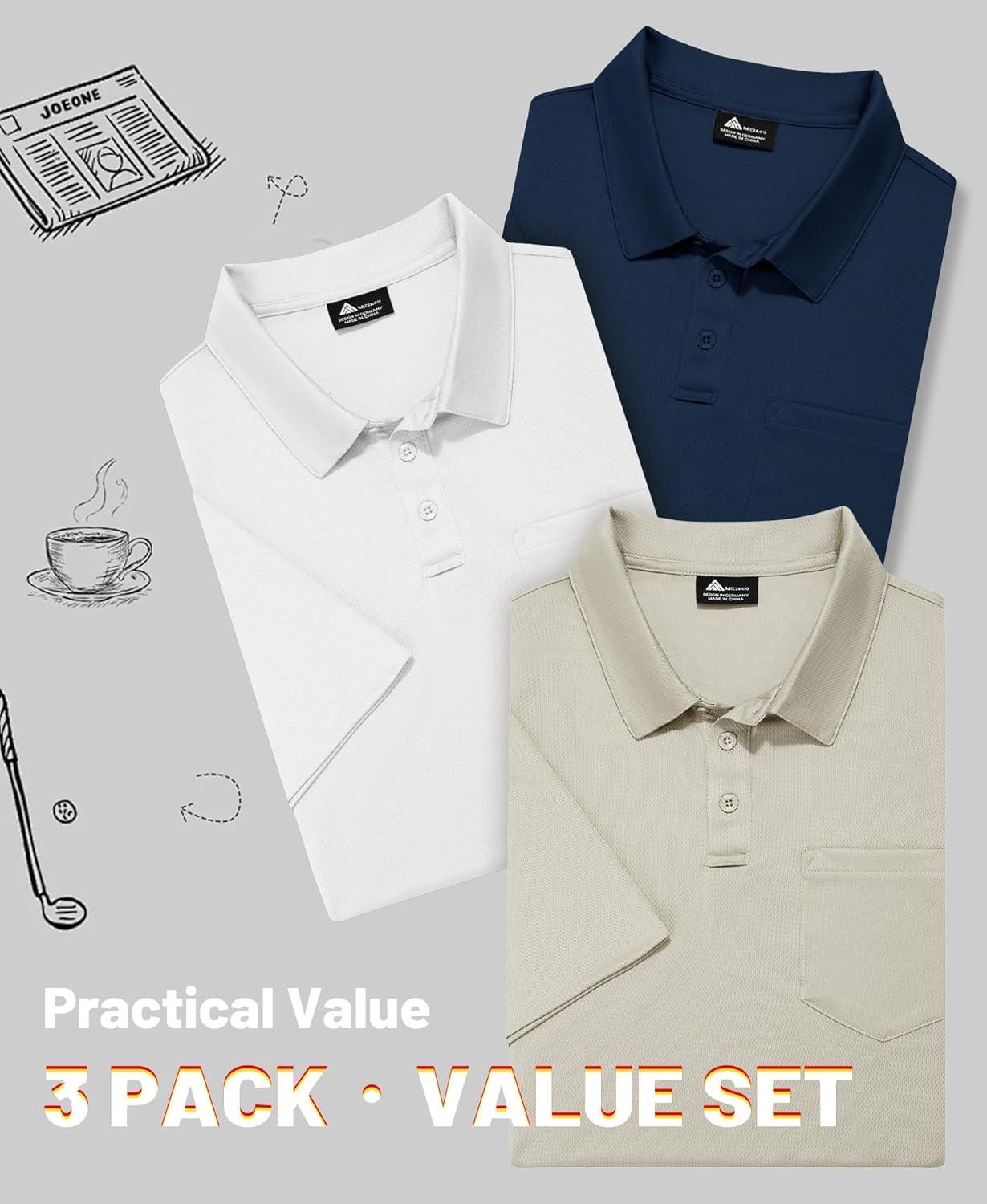 imageZITY Mens 3 Pack Polo Shirts Short Sleeve with Pocket Moisture Wicking Casual Work Golf Lightweight Collared TShirtsNavywhiteapricot