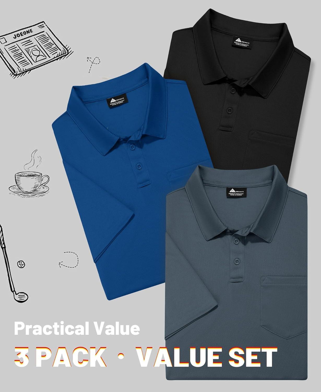 imageZITY Mens 3 Pack Polo Shirts Short Sleeve with Pocket Moisture Wicking Casual Work Golf Lightweight Collared TShirtsRoyal Bluegreyblack
