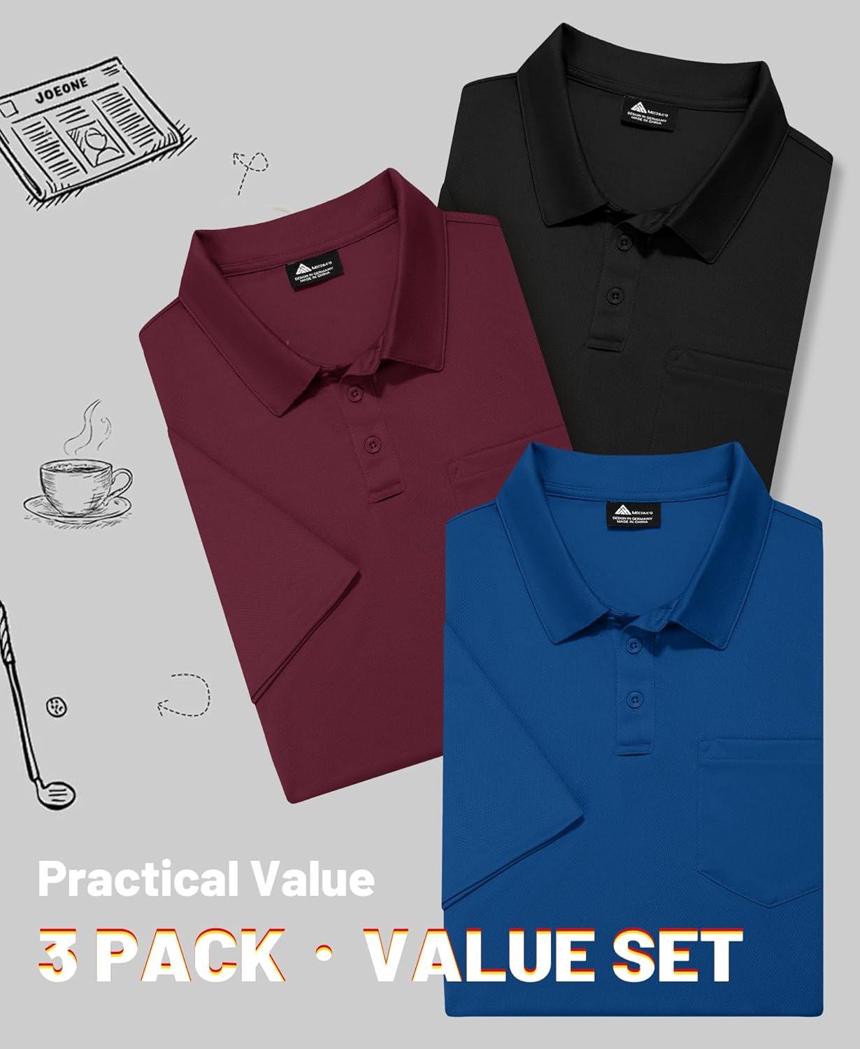 imageZITY Mens 3 Pack Polo Shirts Short Sleeve with Pocket Moisture Wicking Casual Work Golf Lightweight Collared TShirtsRoyal Bluewine Redblack