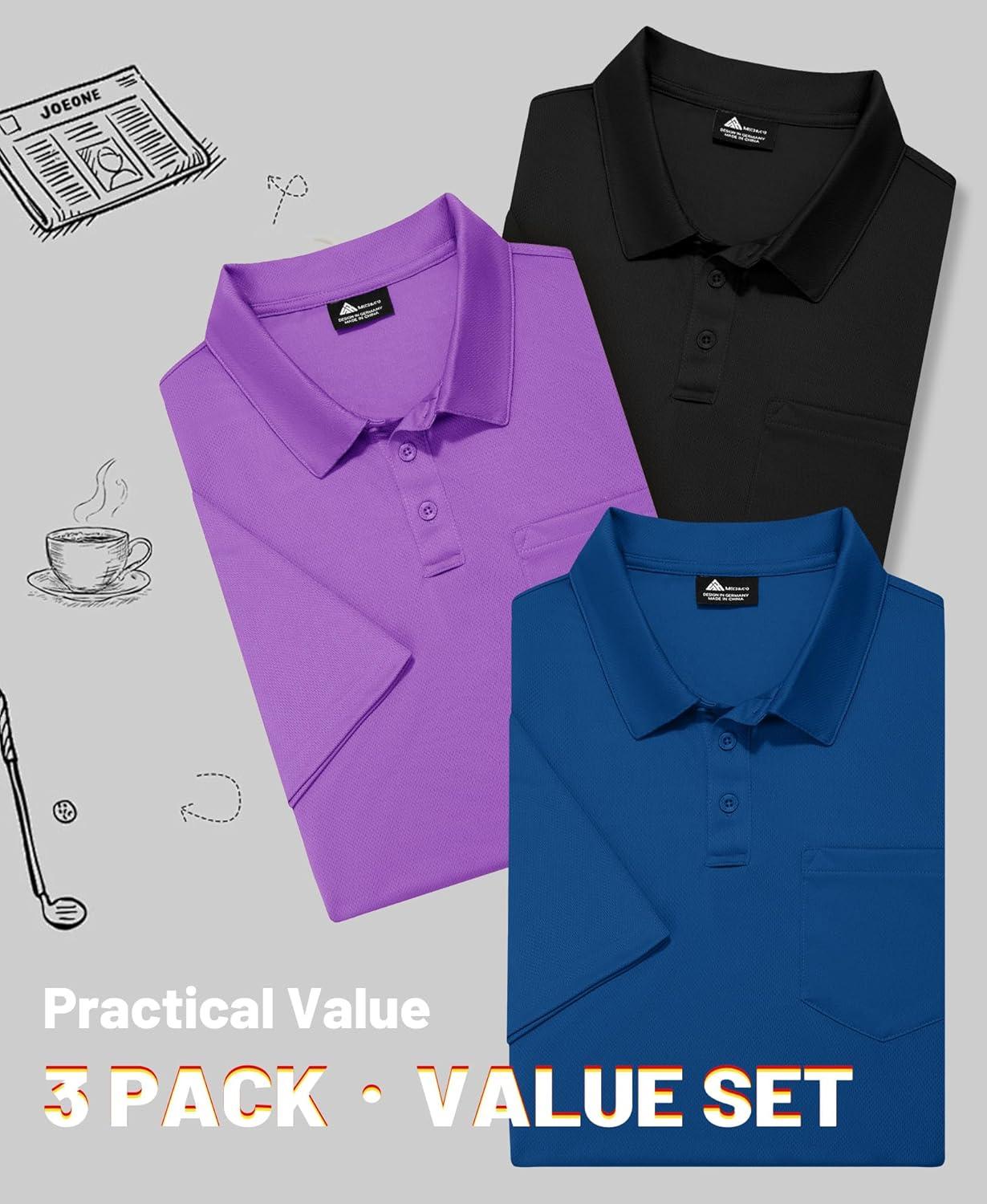 imageZITY Mens 3 Pack Polo Shirts Short Sleeve with Pocket Moisture Wicking Casual Work Golf Lightweight Collared TShirtsVioletroyal Blueblack