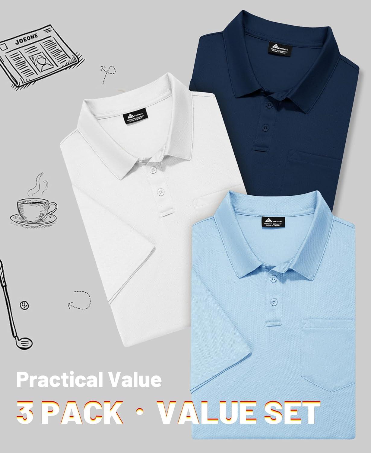 imageZITY Mens 3 Pack Polo Shirts Short Sleeve with Pocket Moisture Wicking Casual Work Golf Lightweight Collared TShirtsWhitelight Bluenavy