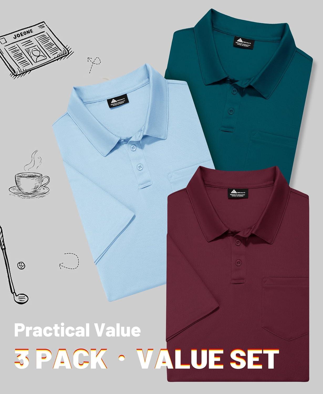 imageZITY Mens 3 Pack Polo Shirts Short Sleeve with Pocket Moisture Wicking Casual Work Golf Lightweight Collared TShirtsWine Redlight Bluedark Teal Blue