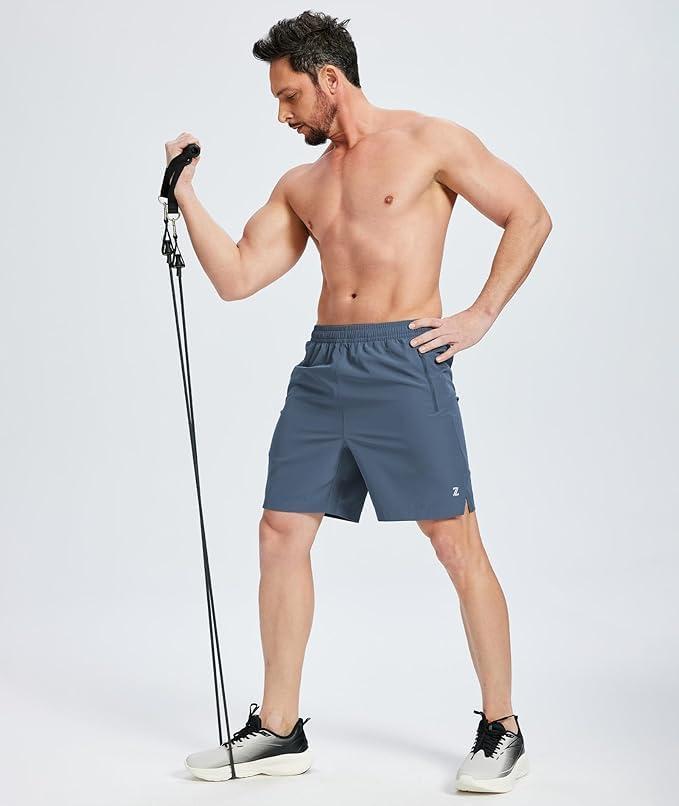 imageZITY Mens Athletic Gym Shorts 7 inch Inseam Quick Dry Lightweight Breathable Running Workout Shorts with 3 Zipper PocketsGrey Blue