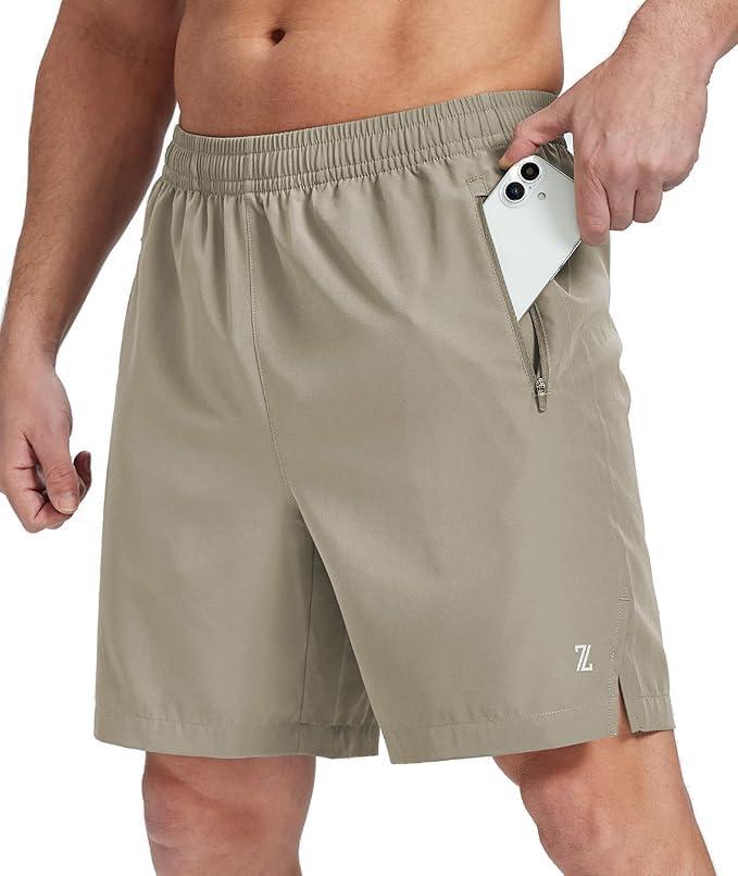 imageZITY Mens Athletic Gym Shorts 7 inch Inseam Quick Dry Lightweight Breathable Running Workout Shorts with 3 Zipper PocketsLight Khaki