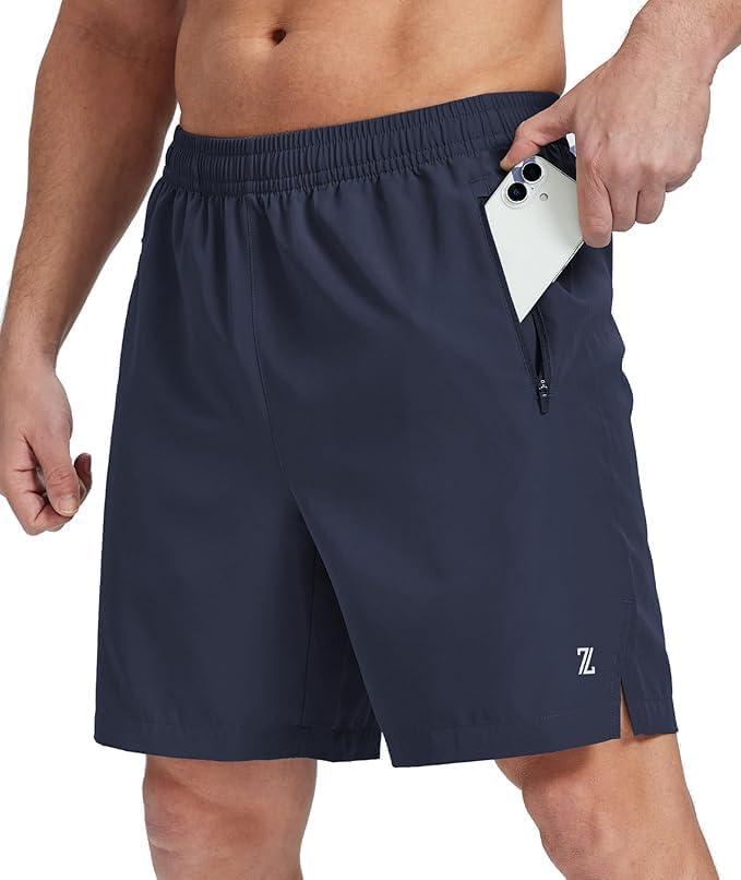 imageZITY Mens Athletic Gym Shorts 7 inch Inseam Quick Dry Lightweight Breathable Running Workout Shorts with 3 Zipper PocketsNavy