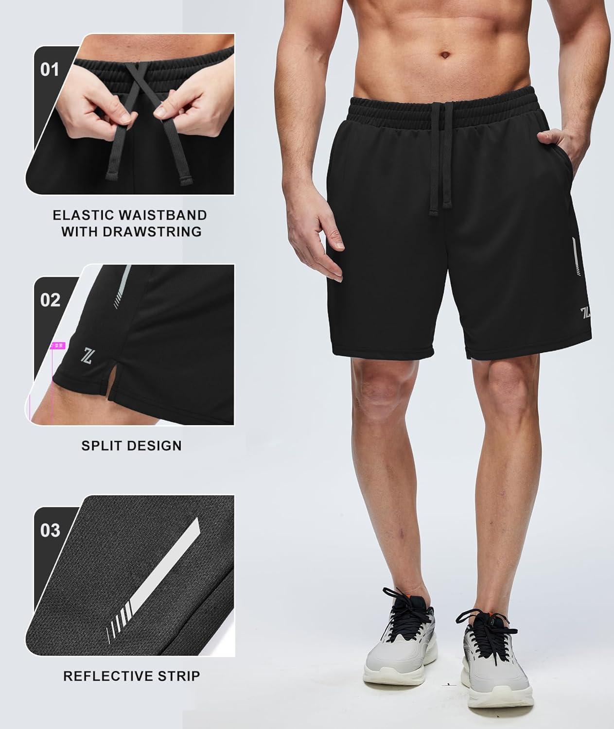 imageZITY Mens Athletic Running Shorts 7 Inseam Quick Dry Mesh Workout Gym Shorts with Zipper Pockets for Basketball TennisBlack