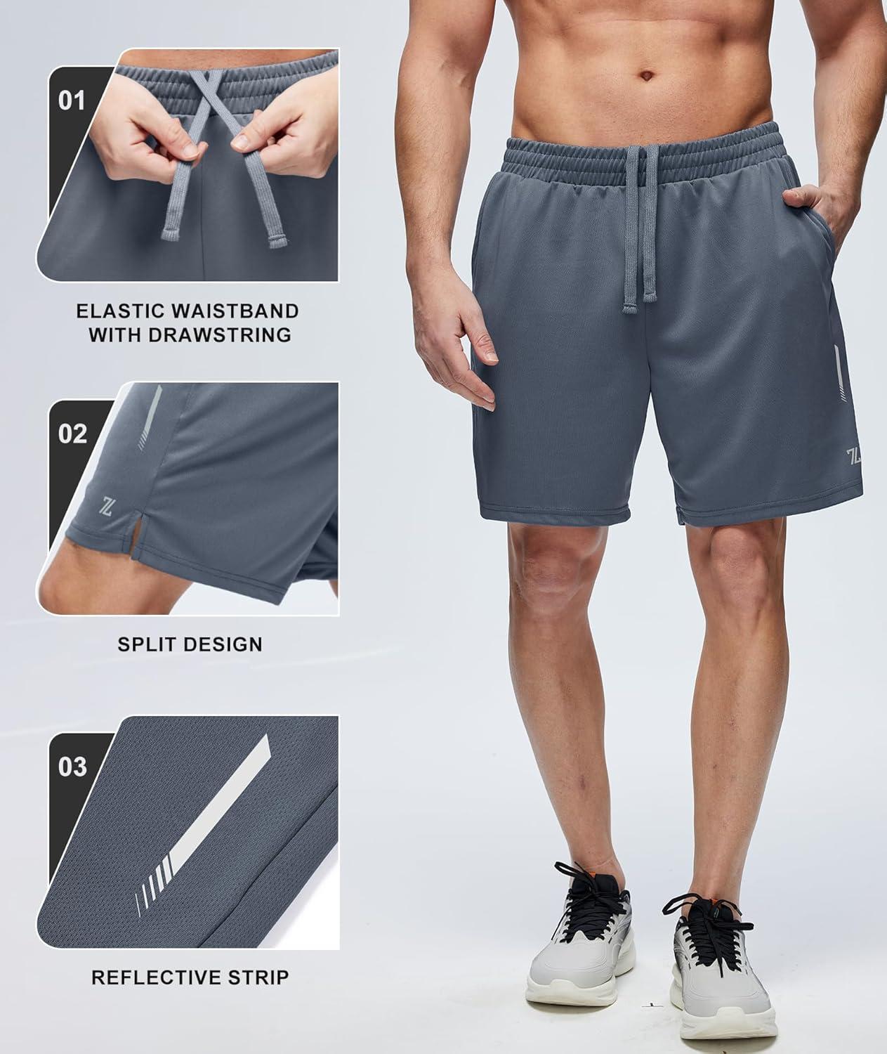 imageZITY Mens Athletic Running Shorts 7 Inseam Quick Dry Mesh Workout Gym Shorts with Zipper Pockets for Basketball TennisGrey