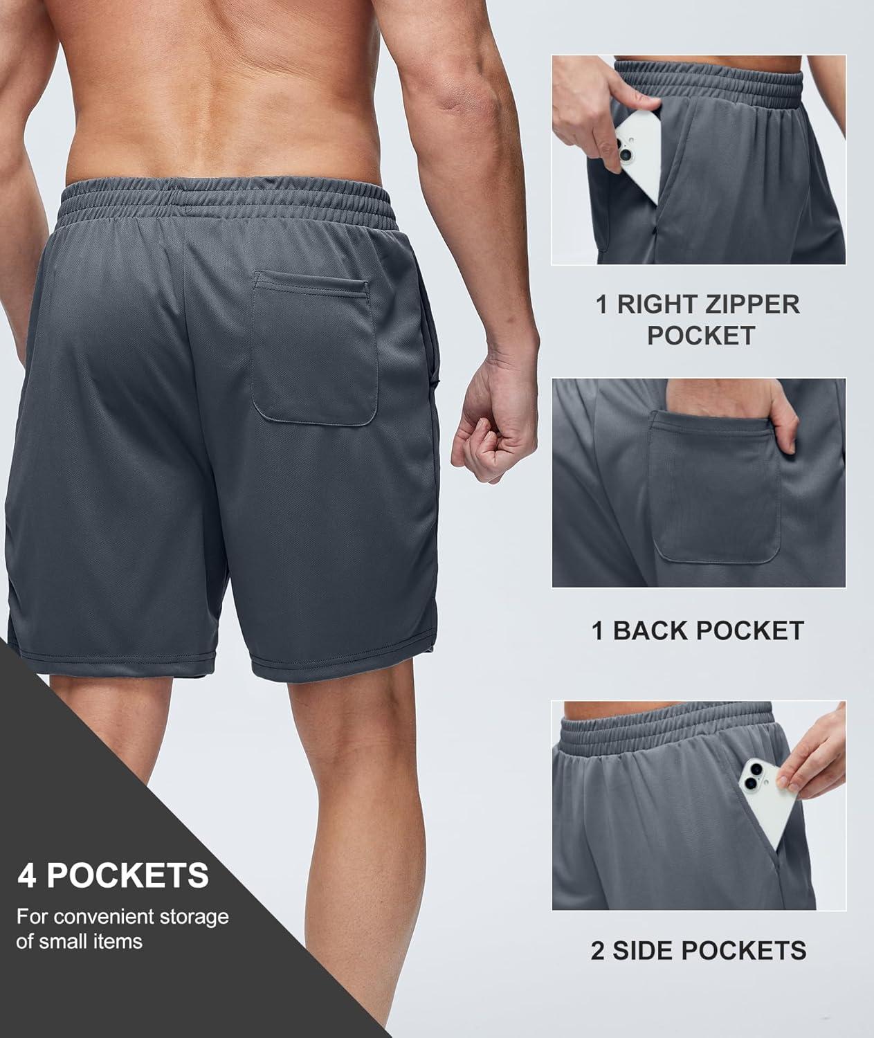 imageZITY Mens Athletic Running Shorts 7 Inseam Quick Dry Mesh Workout Gym Shorts with Zipper Pockets for Basketball TennisGrey
