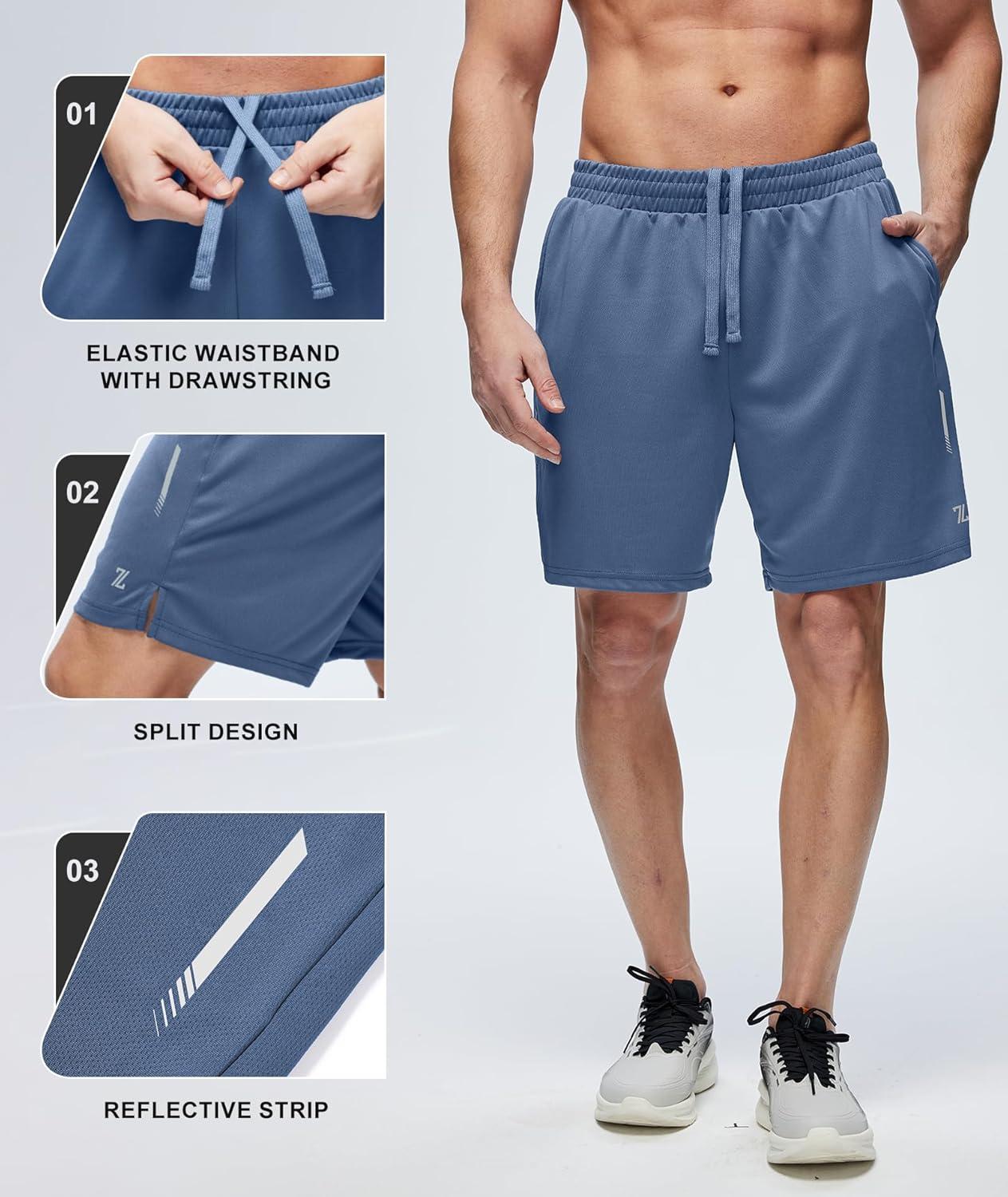 imageZITY Mens Athletic Running Shorts 7 Inseam Quick Dry Mesh Workout Gym Shorts with Zipper Pockets for Basketball TennisGrey Blue