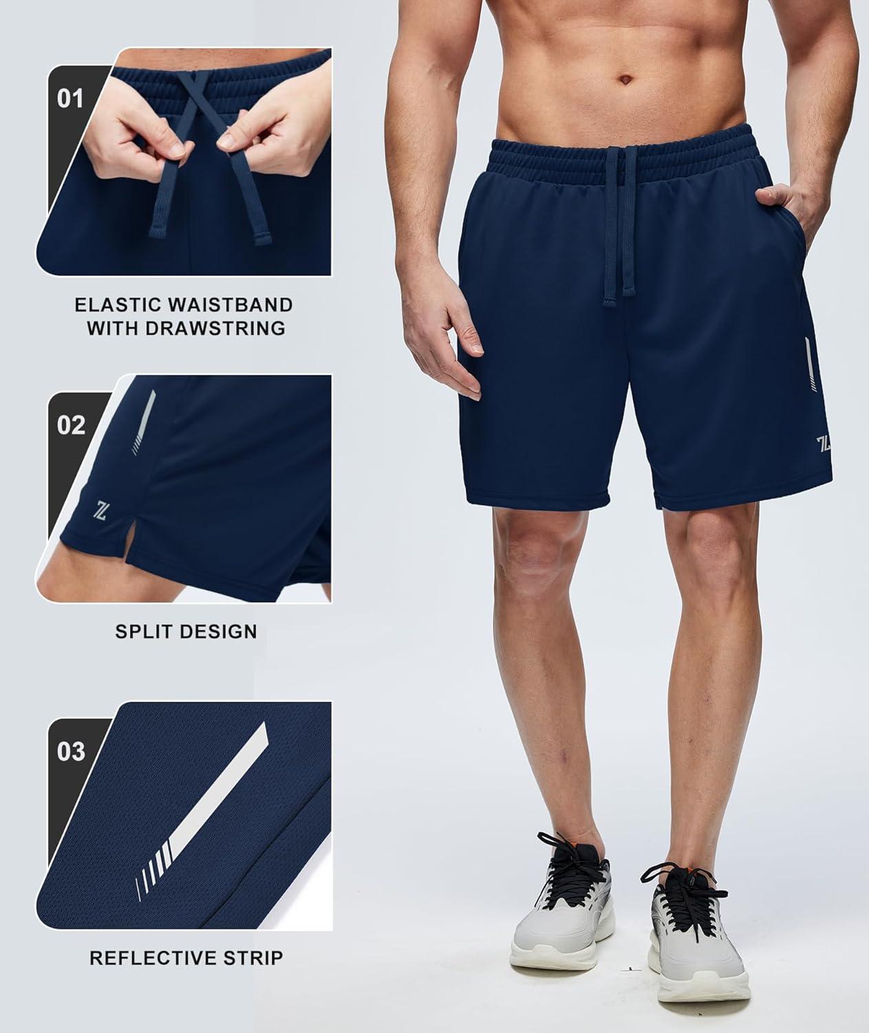 imageZITY Mens Athletic Running Shorts 7 Inseam Quick Dry Mesh Workout Gym Shorts with Zipper Pockets for Basketball TennisNavy
