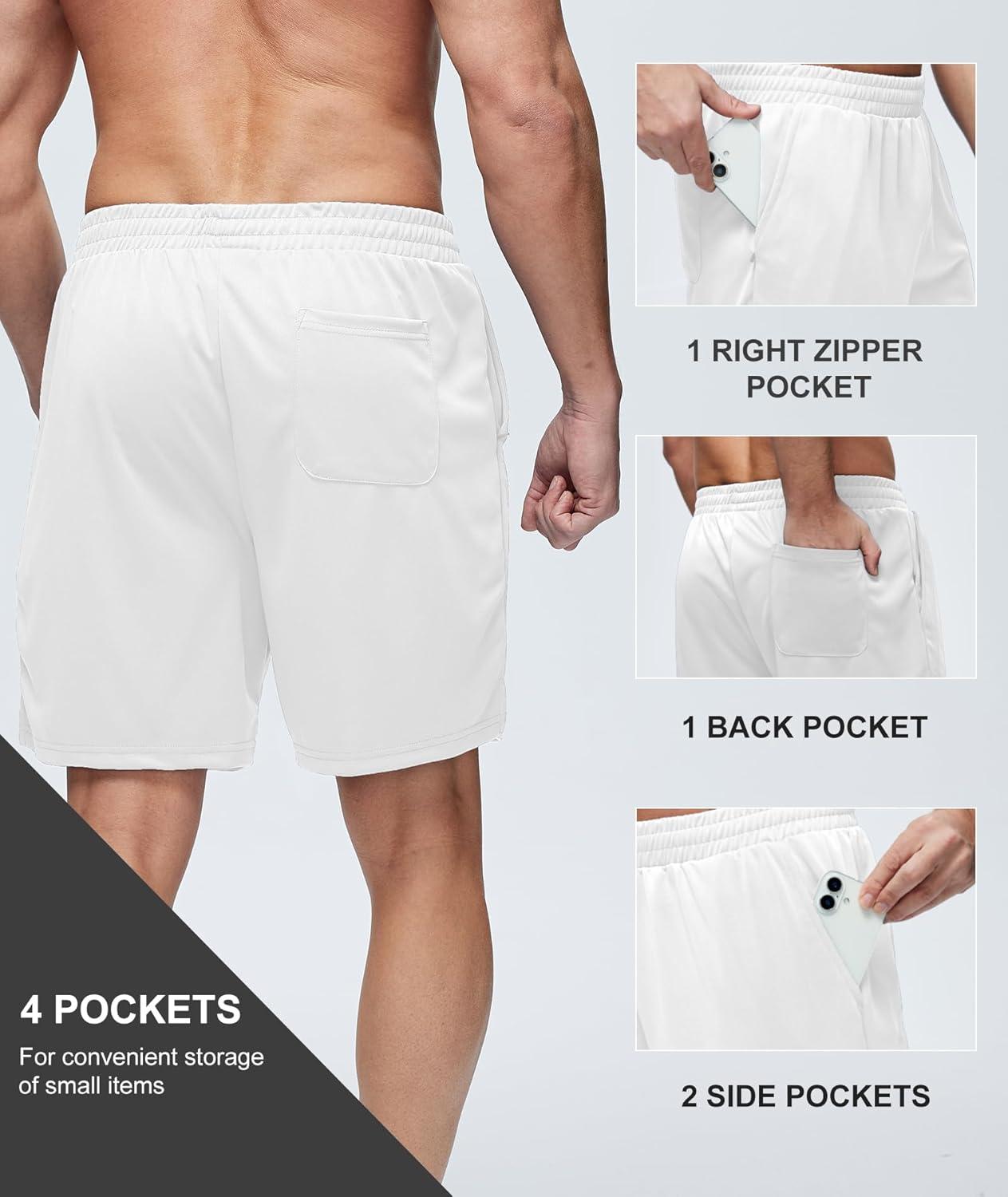 imageZITY Mens Athletic Running Shorts 7 Inseam Quick Dry Mesh Workout Gym Shorts with Zipper Pockets for Basketball TennisWhite