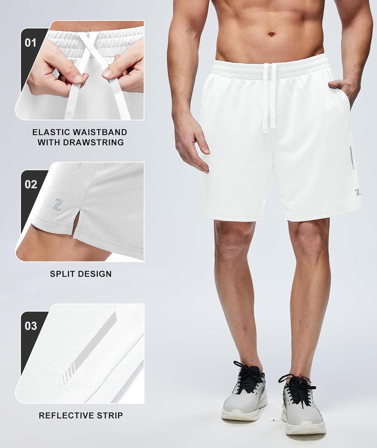 imageZITY Mens Athletic Running Shorts 7 Inseam Quick Dry Mesh Workout Gym Shorts with Zipper Pockets for Basketball TennisWhite