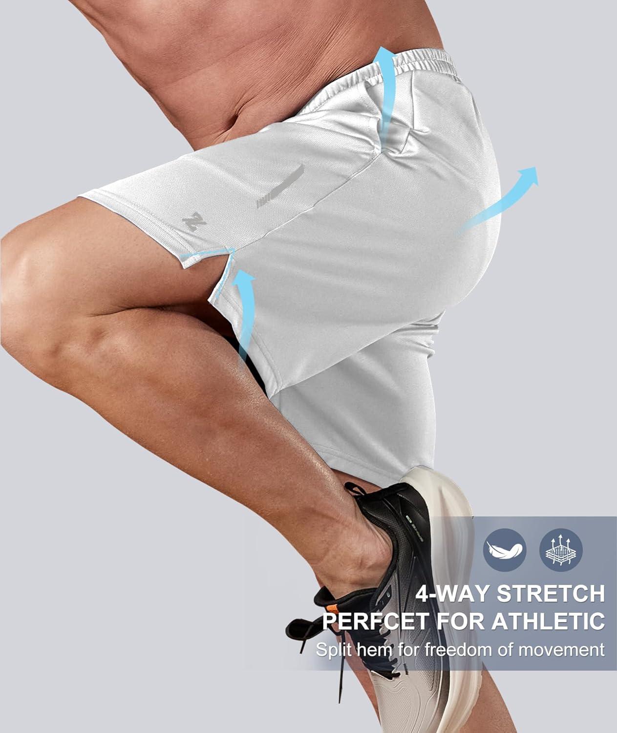 imageZITY Mens Athletic Running Shorts 7 Inseam Quick Dry Mesh Workout Gym Shorts with Zipper Pockets for Basketball TennisWhite