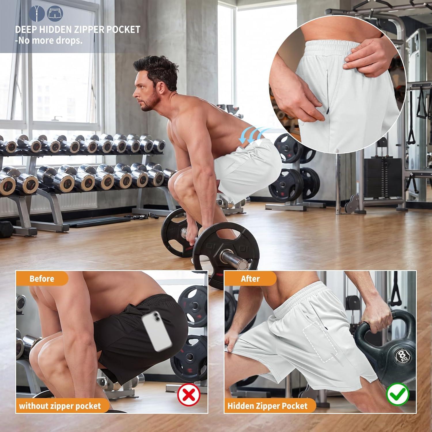 imageZITY Mens Athletic Running Shorts 7 Inseam Quick Dry Mesh Workout Gym Shorts with Zipper Pockets for Basketball TennisWhite