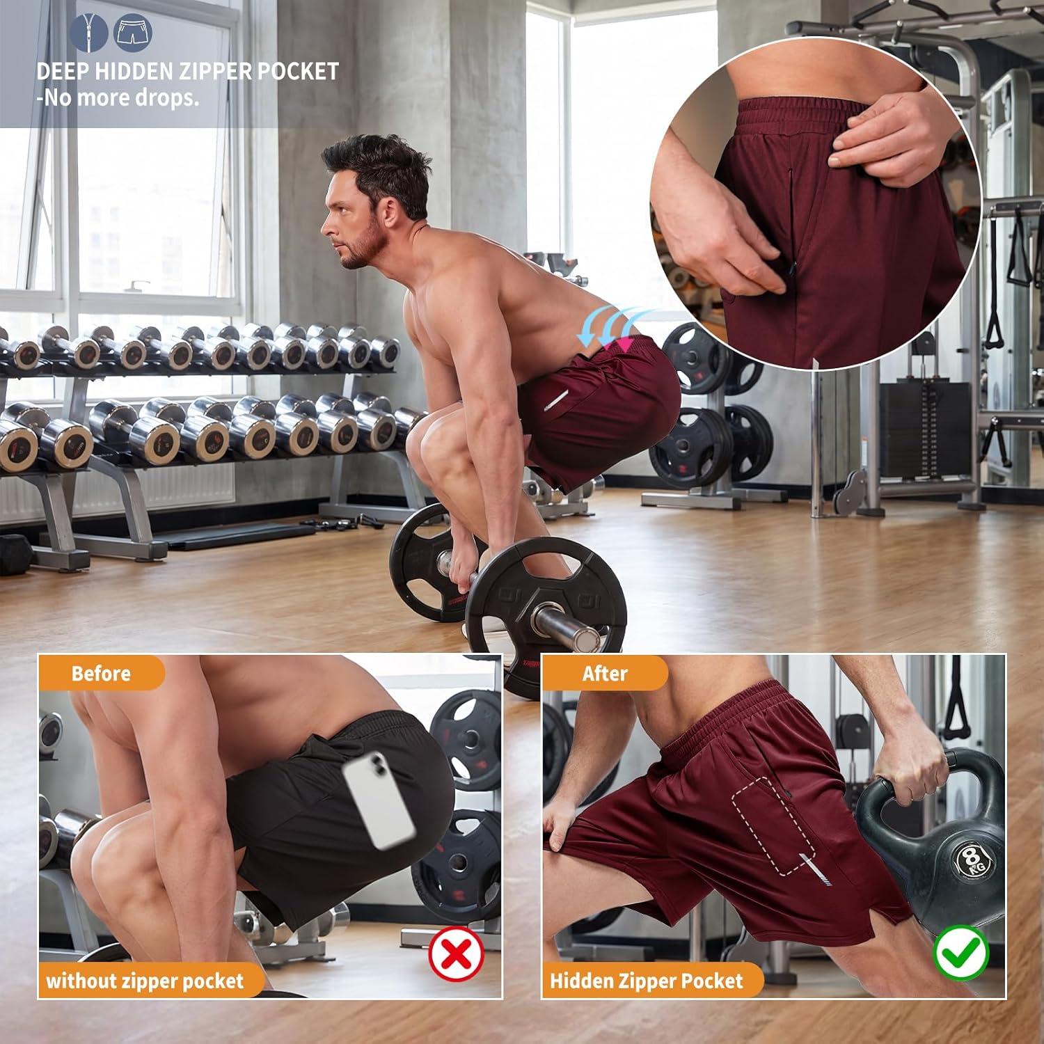 imageZITY Mens Athletic Running Shorts 7 Inseam Quick Dry Mesh Workout Gym Shorts with Zipper Pockets for Basketball TennisWine Red