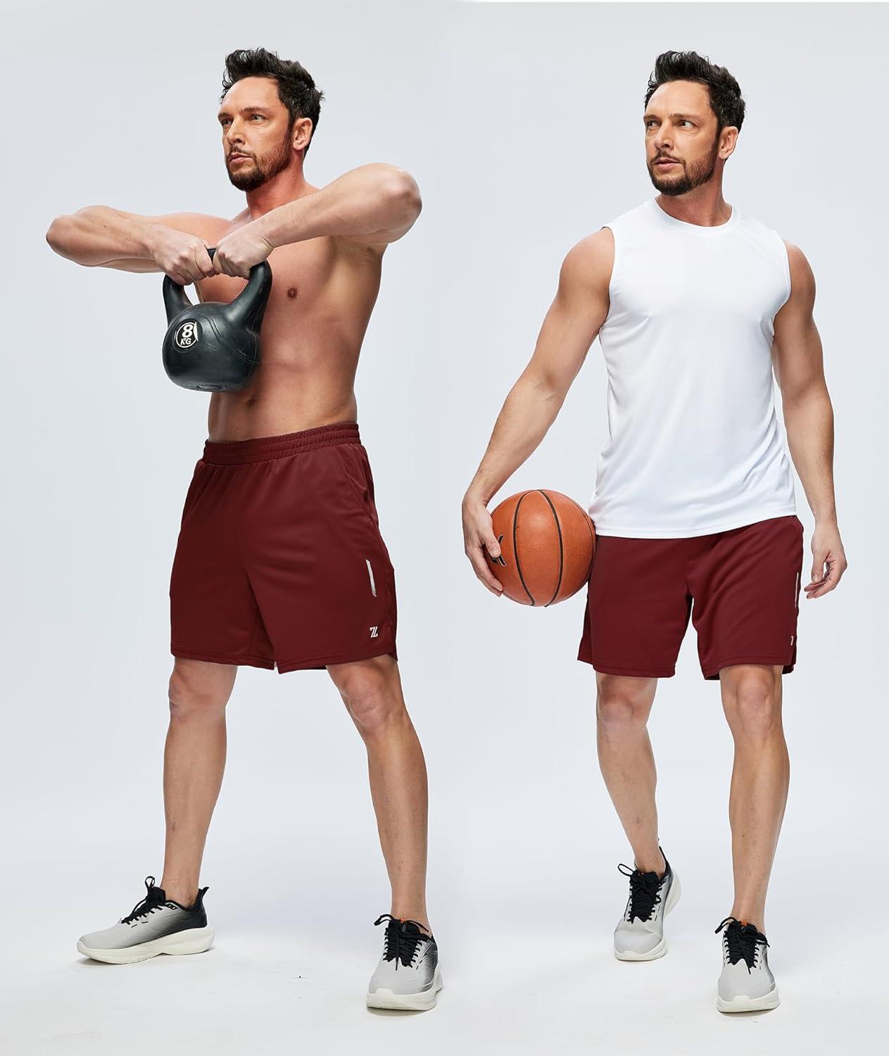 imageZITY Mens Athletic Running Shorts 7 Inseam Quick Dry Mesh Workout Gym Shorts with Zipper Pockets for Basketball TennisWine Red