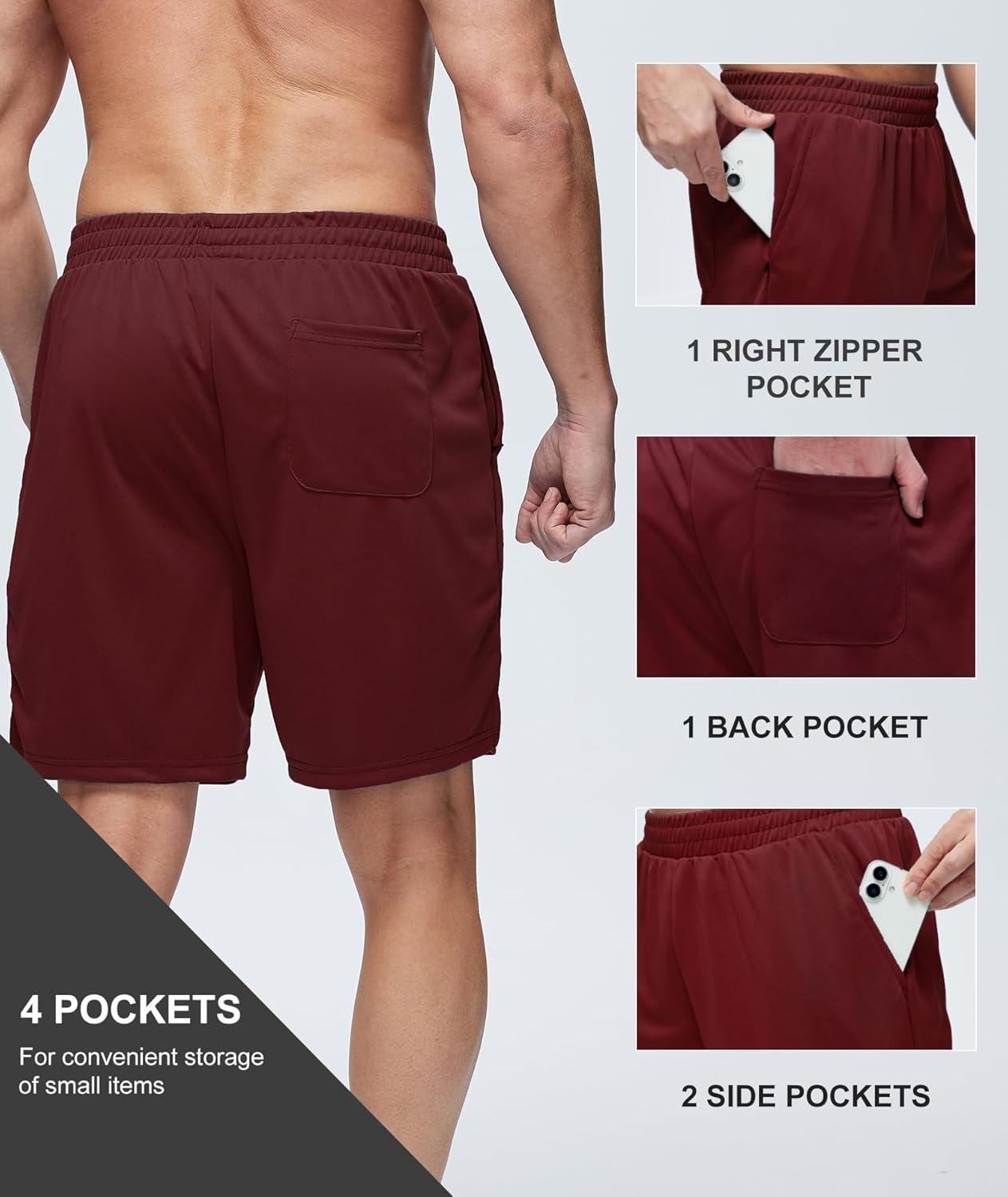 imageZITY Mens Athletic Running Shorts 7 Inseam Quick Dry Mesh Workout Gym Shorts with Zipper Pockets for Basketball TennisWine Red