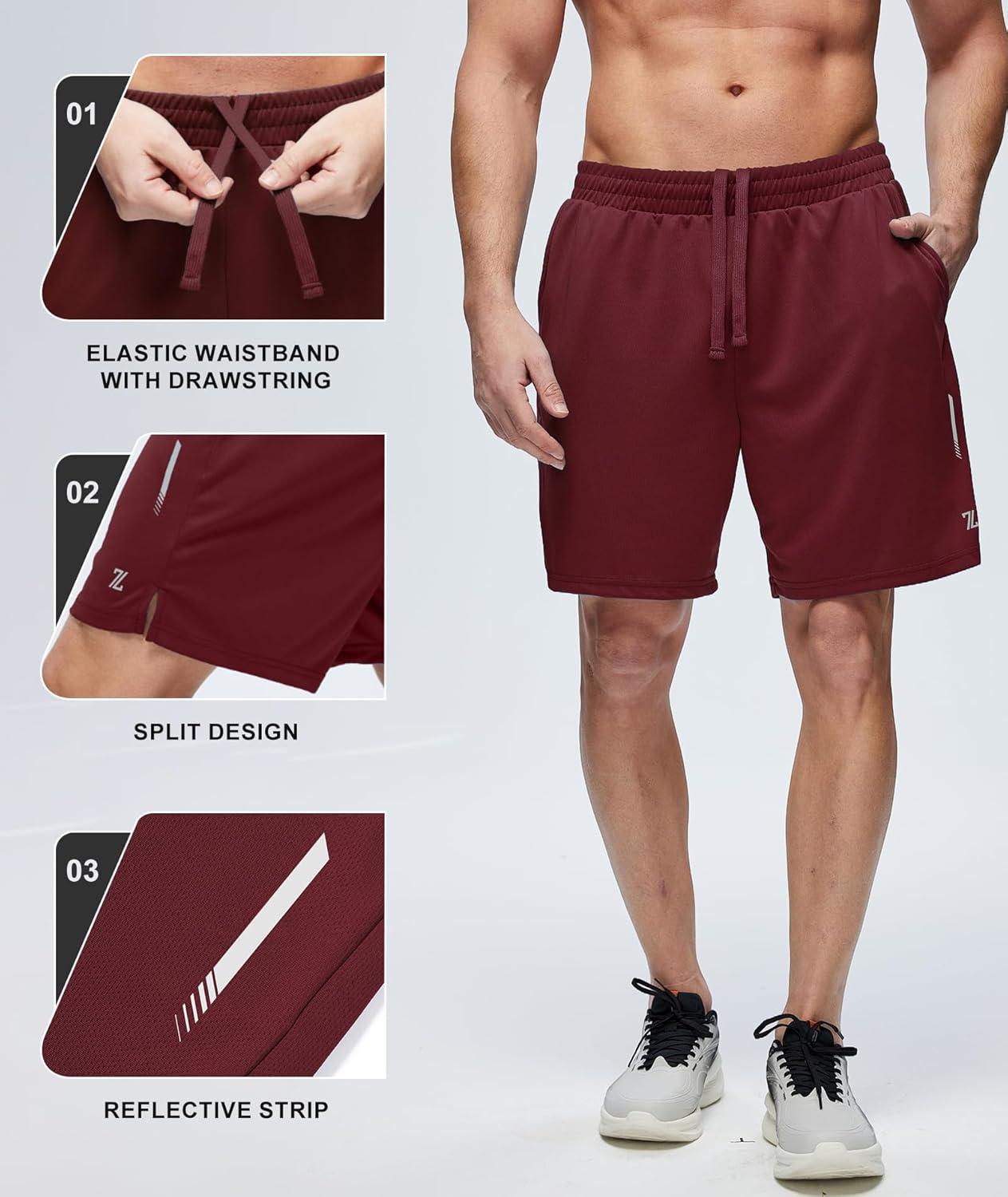imageZITY Mens Athletic Running Shorts 7 Inseam Quick Dry Mesh Workout Gym Shorts with Zipper Pockets for Basketball TennisWine Red
