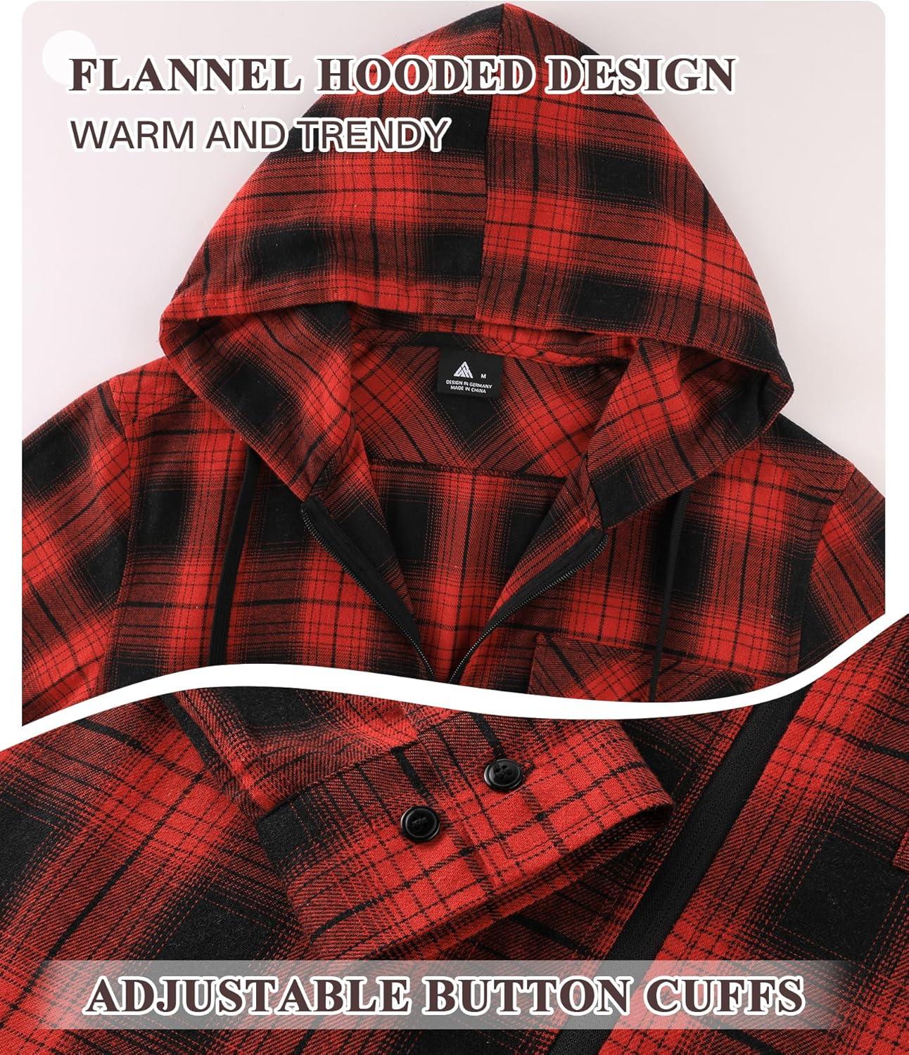 imageZITY Mens Cotton Linen Zip up Hoodies Long Sleeve Casual Tops Plaid Flannel Shirt with HoodBlack Red