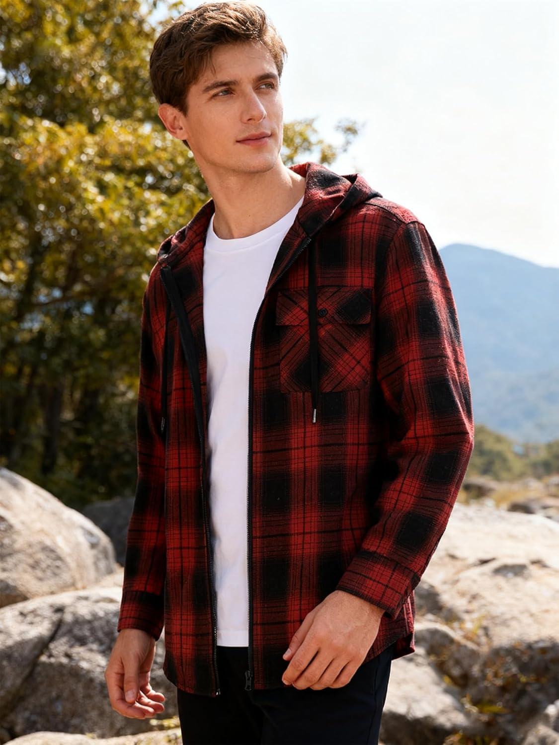 imageZITY Mens Cotton Linen Zip up Hoodies Long Sleeve Casual Tops Plaid Flannel Shirt with HoodBlack Red