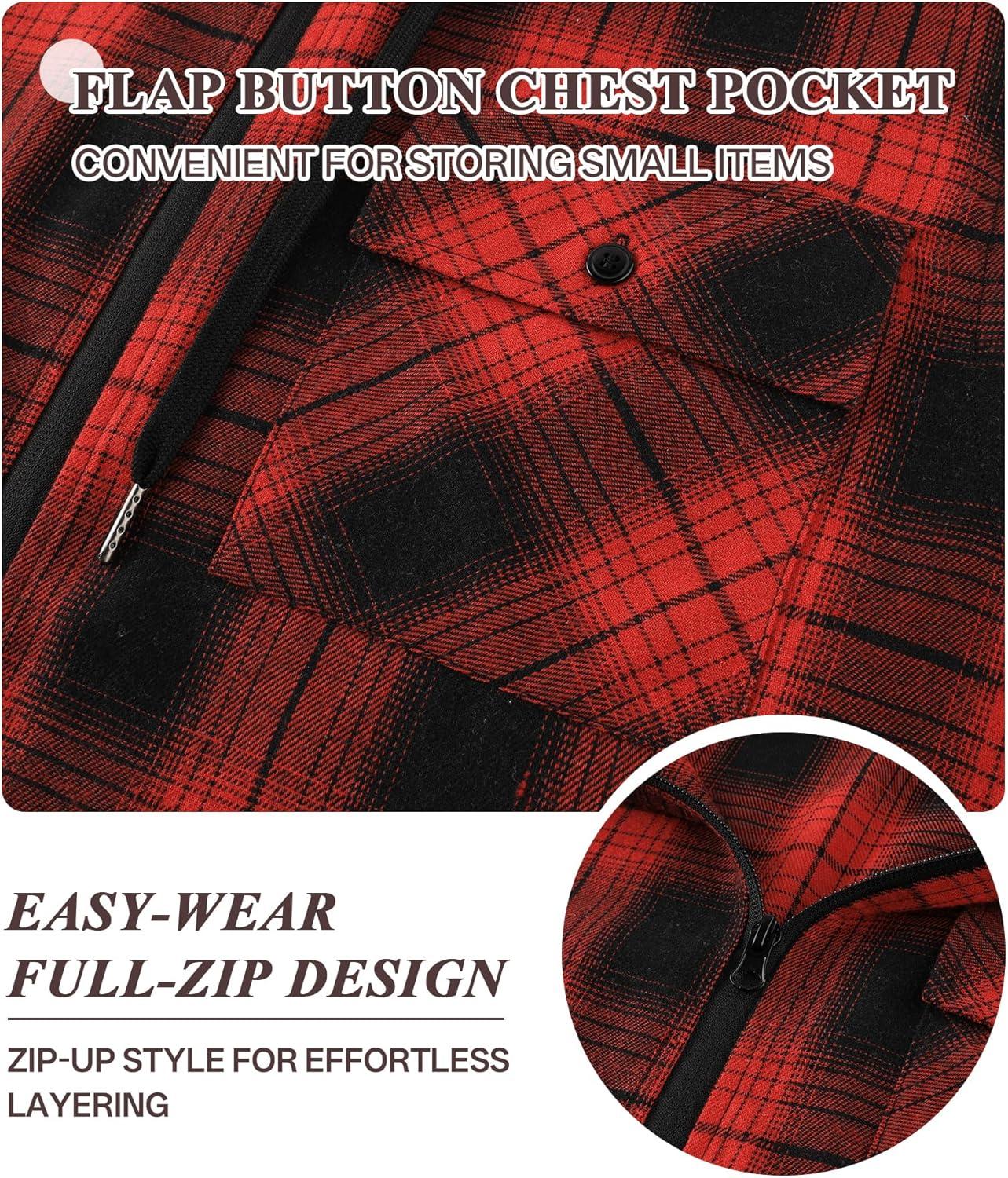 imageZITY Mens Cotton Linen Zip up Hoodies Long Sleeve Casual Tops Plaid Flannel Shirt with HoodBlack Red