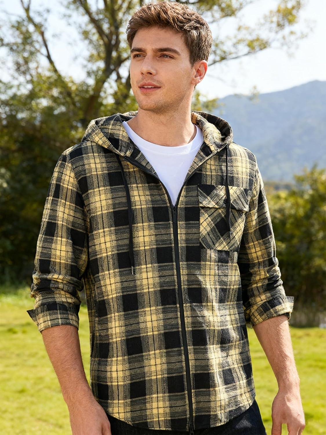imageZITY Mens Cotton Linen Zip up Hoodies Long Sleeve Casual Tops Plaid Flannel Shirt with HoodBlack Yellow