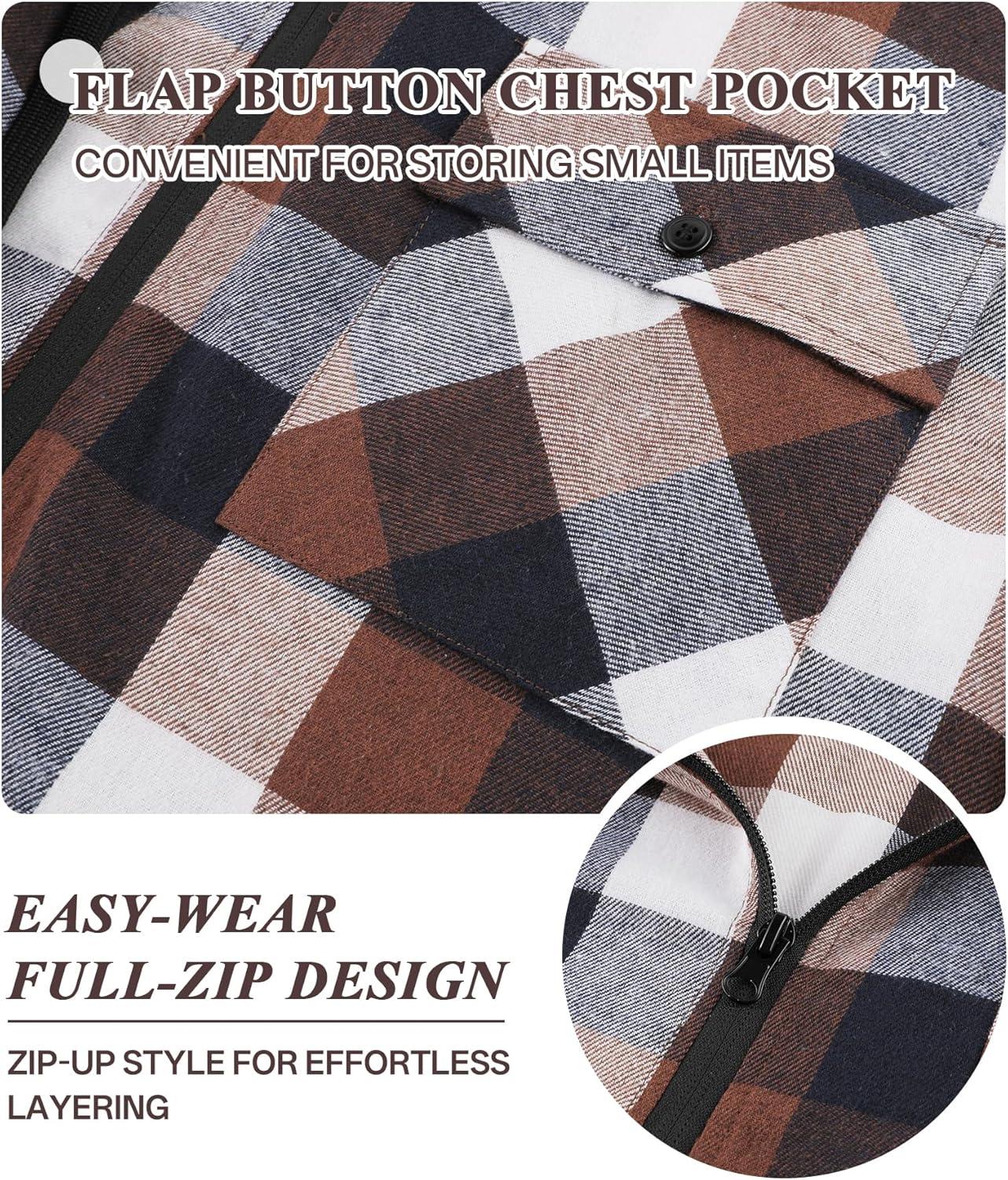 imageZITY Mens Cotton Linen Zip up Hoodies Long Sleeve Casual Tops Plaid Flannel Shirt with HoodBrown Plaid