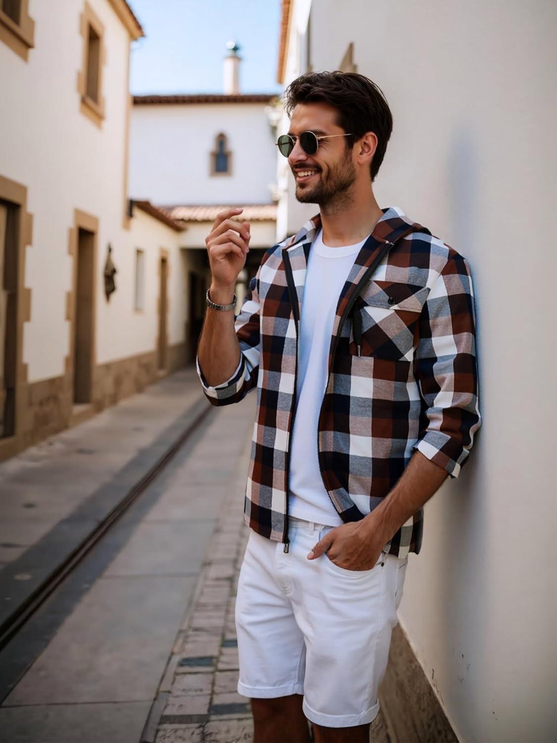 imageZITY Mens Cotton Linen Zip up Hoodies Long Sleeve Casual Tops Plaid Flannel Shirt with HoodBrown Plaid