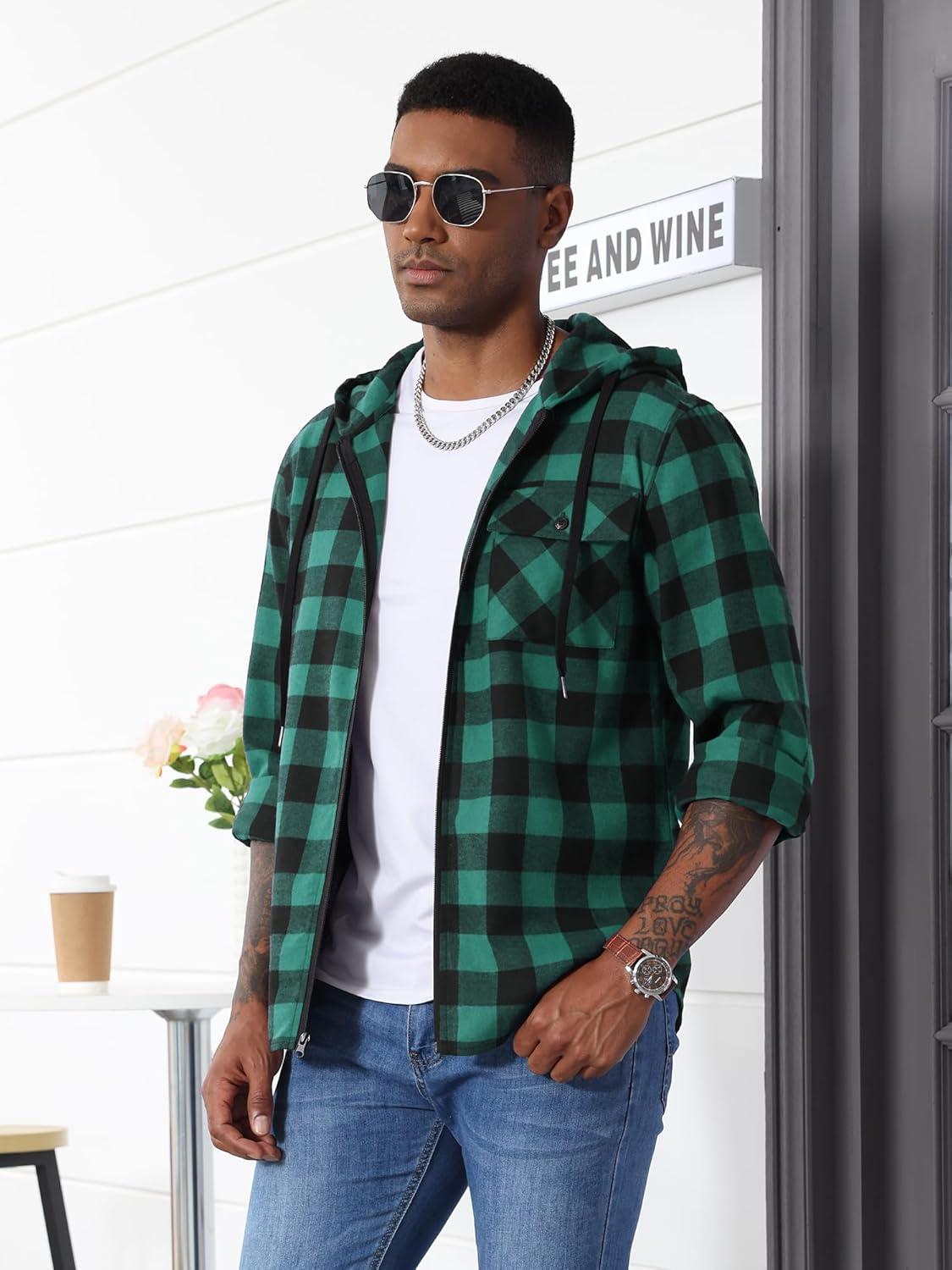 imageZITY Mens Cotton Linen Zip up Hoodies Long Sleeve Casual Tops Plaid Flannel Shirt with HoodGreen Black