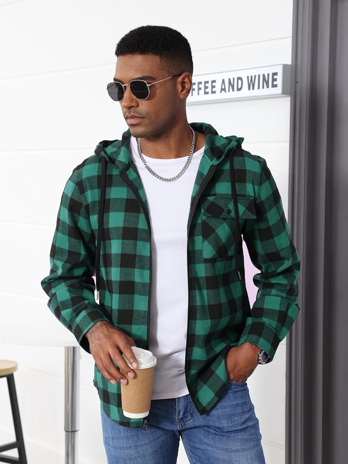 imageZITY Mens Cotton Linen Zip up Hoodies Long Sleeve Casual Tops Plaid Flannel Shirt with HoodGreen Black