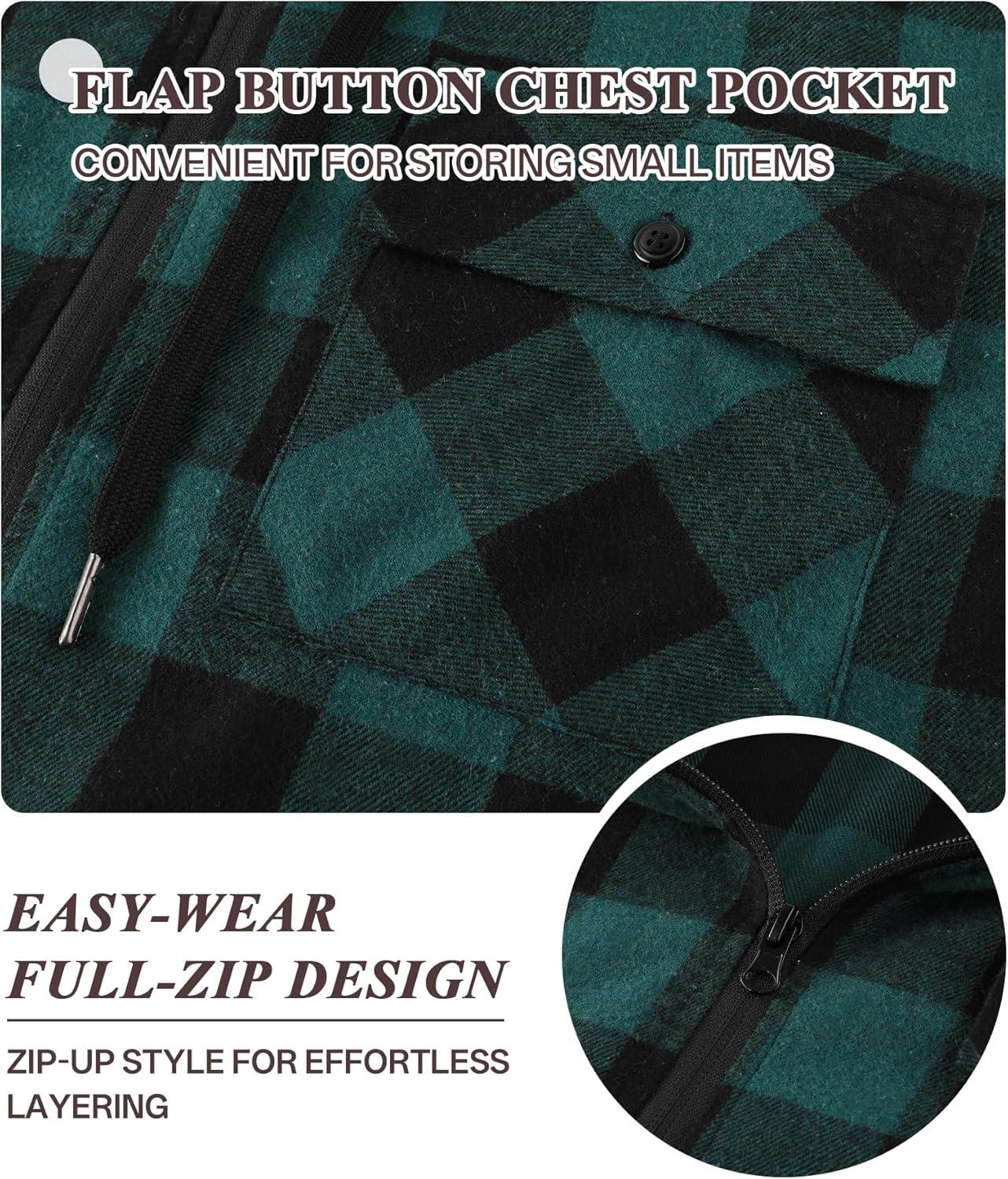 imageZITY Mens Cotton Linen Zip up Hoodies Long Sleeve Casual Tops Plaid Flannel Shirt with HoodGreen Black