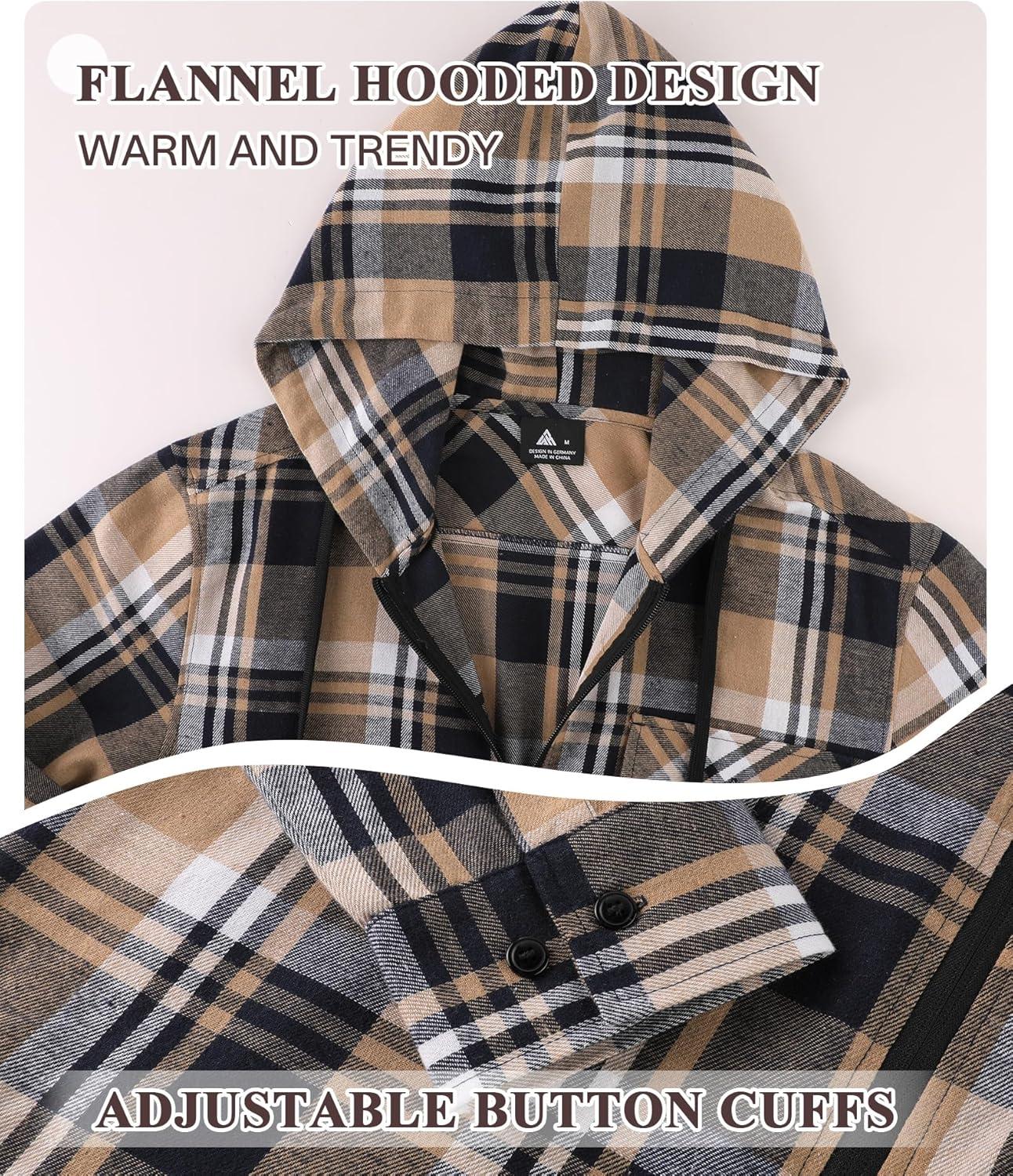 imageZITY Mens Cotton Linen Zip up Hoodies Long Sleeve Casual Tops Plaid Flannel Shirt with HoodNavy Beige