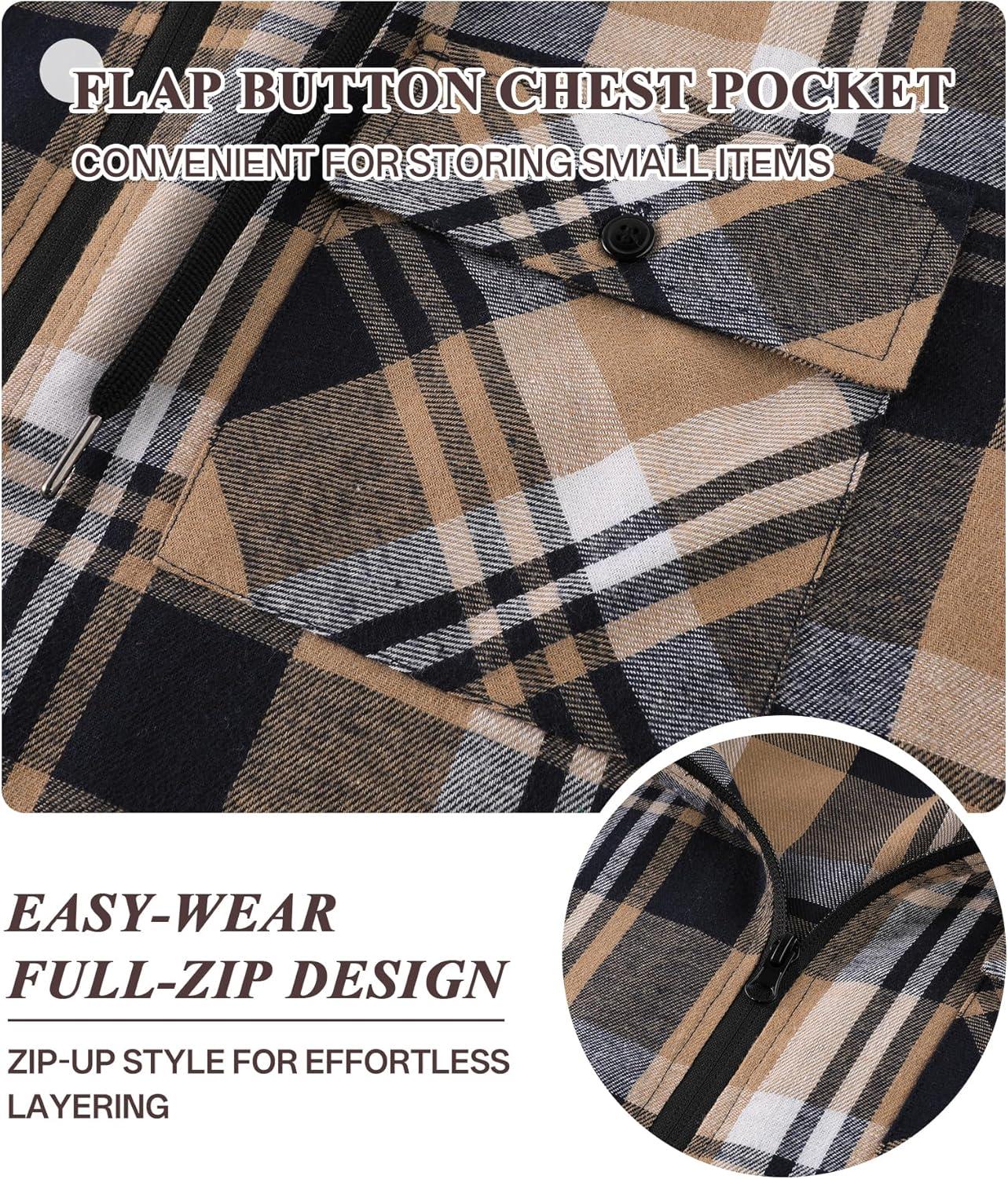 imageZITY Mens Cotton Linen Zip up Hoodies Long Sleeve Casual Tops Plaid Flannel Shirt with HoodNavy Beige