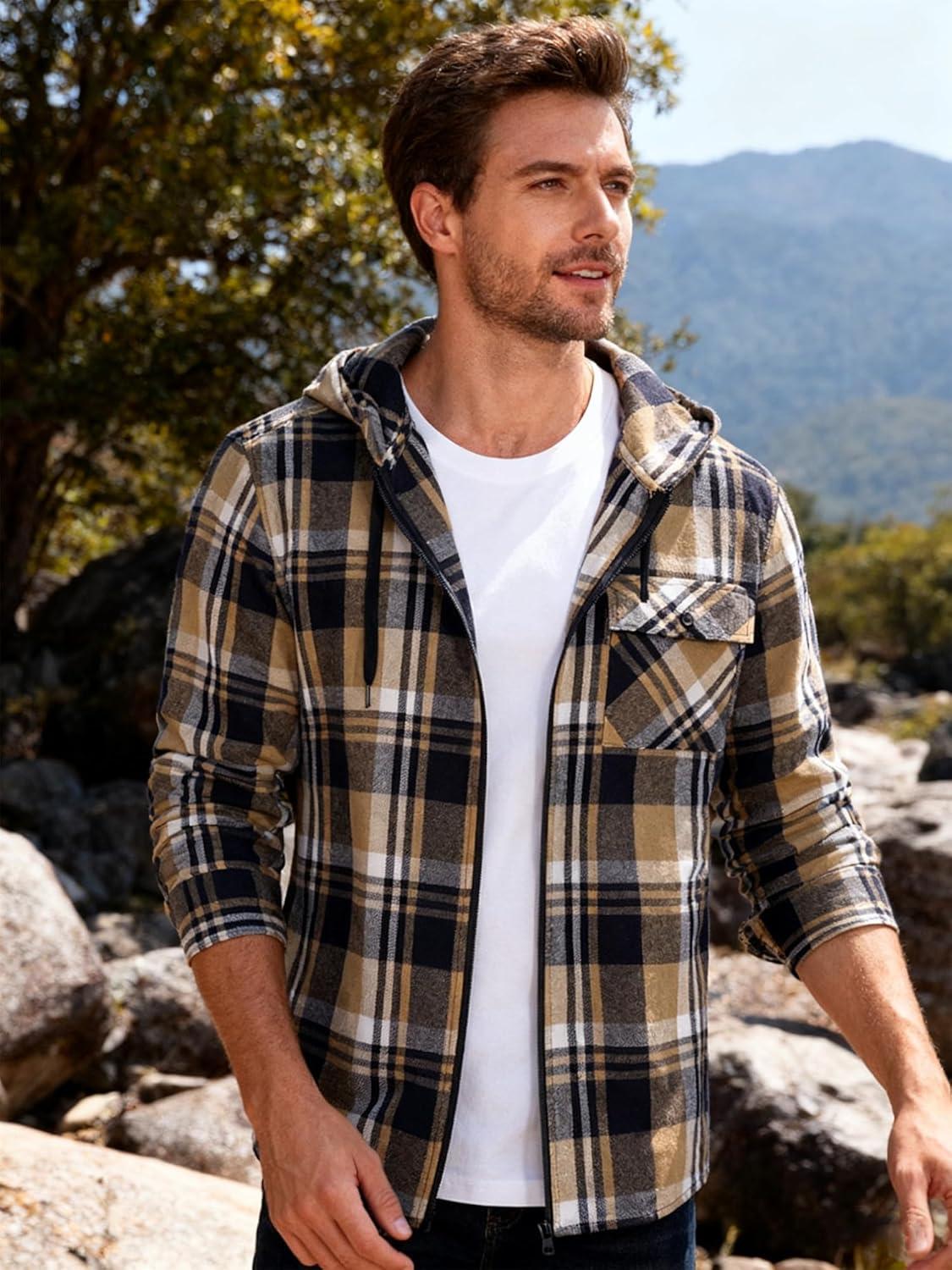 imageZITY Mens Cotton Linen Zip up Hoodies Long Sleeve Casual Tops Plaid Flannel Shirt with HoodNavy Beige