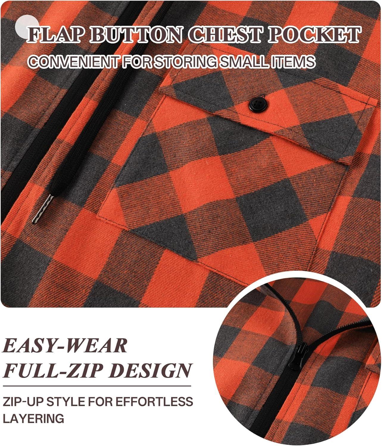 imageZITY Mens Cotton Linen Zip up Hoodies Long Sleeve Casual Tops Plaid Flannel Shirt with HoodOrange