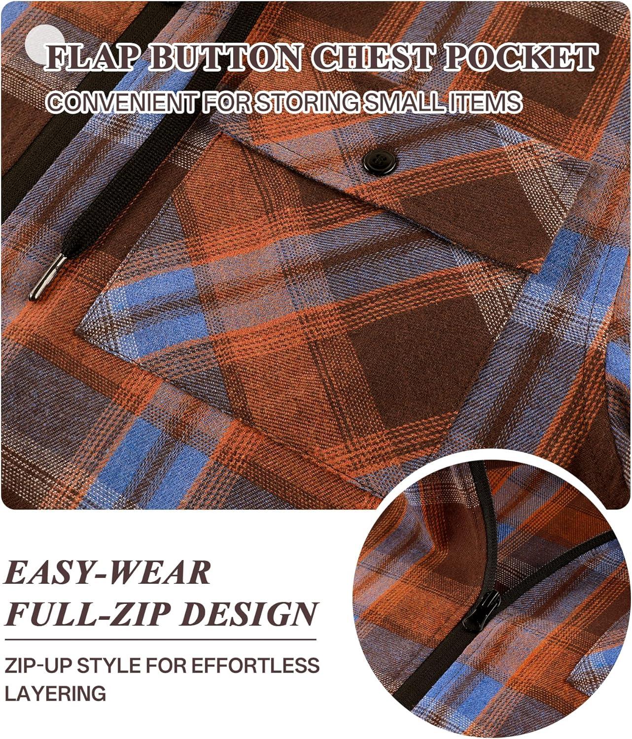 imageZITY Mens Cotton Linen Zip up Hoodies Long Sleeve Casual Tops Plaid Flannel Shirt with HoodOrange Blue