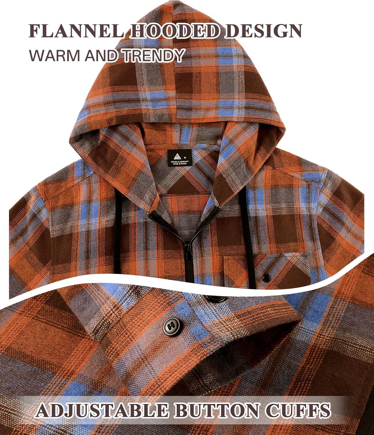imageZITY Mens Cotton Linen Zip up Hoodies Long Sleeve Casual Tops Plaid Flannel Shirt with HoodOrange Blue