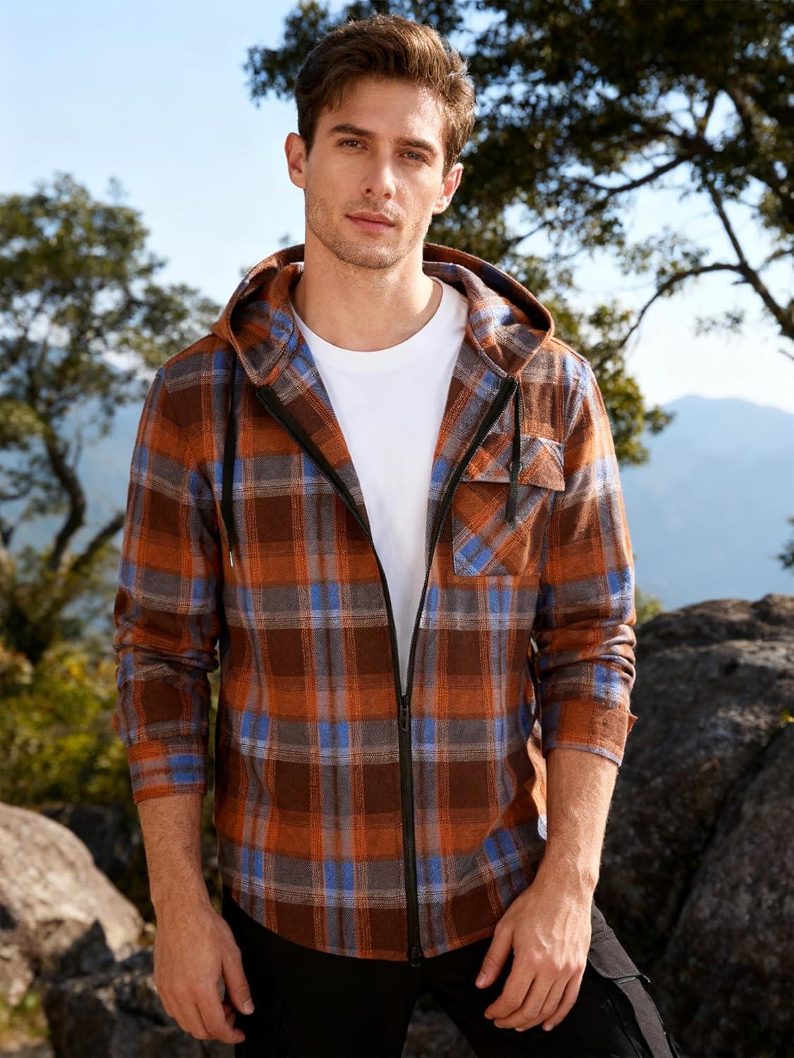 imageZITY Mens Cotton Linen Zip up Hoodies Long Sleeve Casual Tops Plaid Flannel Shirt with HoodOrange Blue