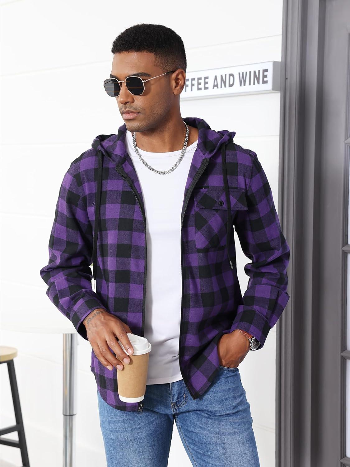 imageZITY Mens Cotton Linen Zip up Hoodies Long Sleeve Casual Tops Plaid Flannel Shirt with HoodPurple