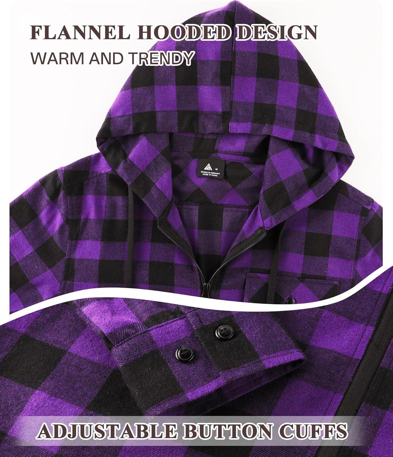 imageZITY Mens Cotton Linen Zip up Hoodies Long Sleeve Casual Tops Plaid Flannel Shirt with HoodPurple