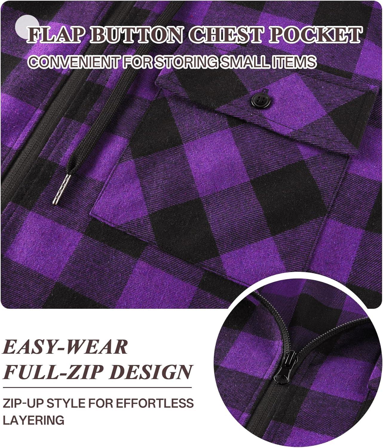imageZITY Mens Cotton Linen Zip up Hoodies Long Sleeve Casual Tops Plaid Flannel Shirt with HoodPurple