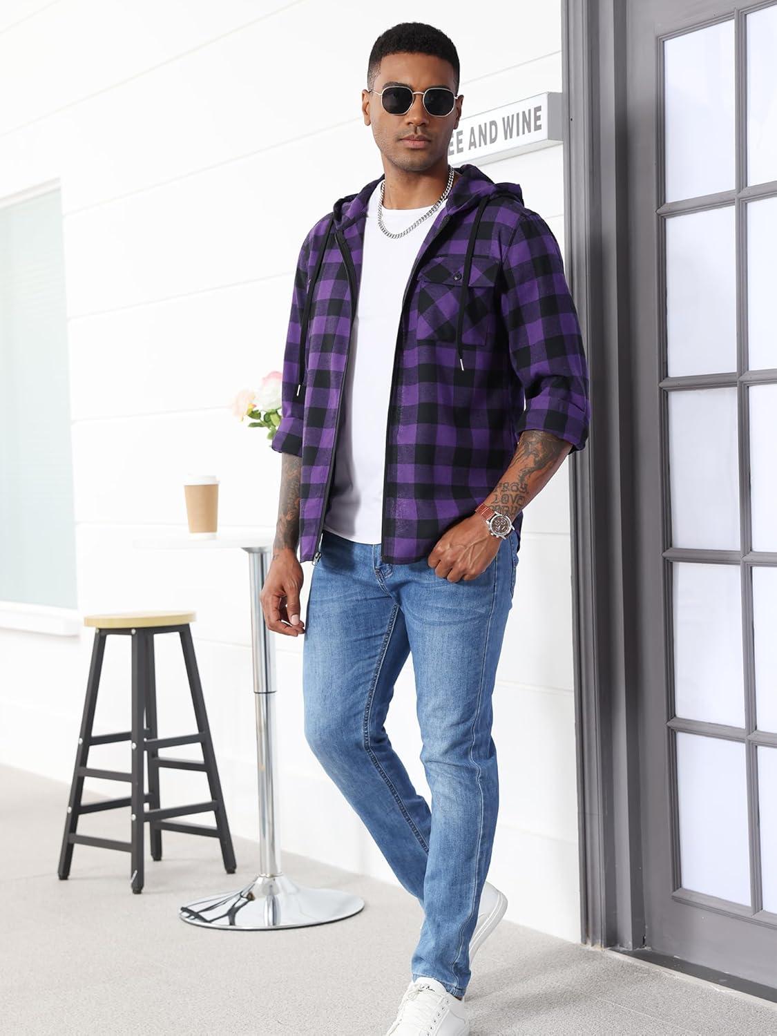 imageZITY Mens Cotton Linen Zip up Hoodies Long Sleeve Casual Tops Plaid Flannel Shirt with HoodPurple