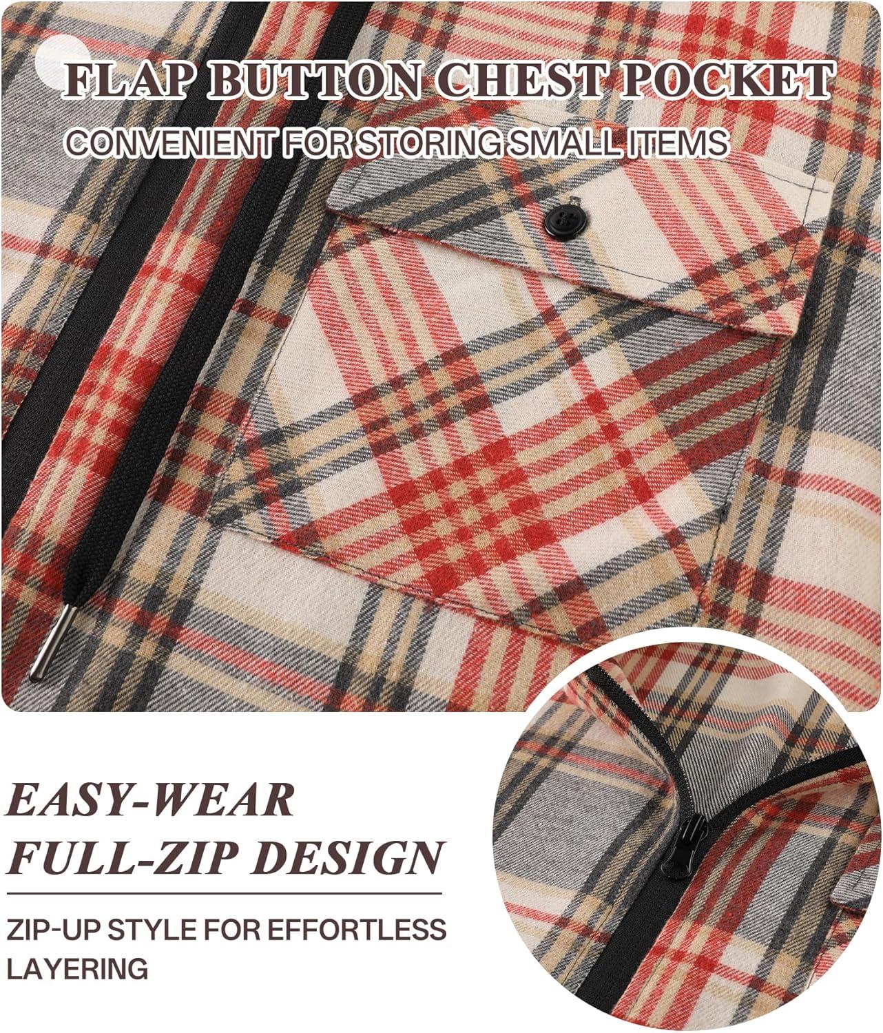 imageZITY Mens Cotton Linen Zip up Hoodies Long Sleeve Casual Tops Plaid Flannel Shirt with HoodWine Red Plaid