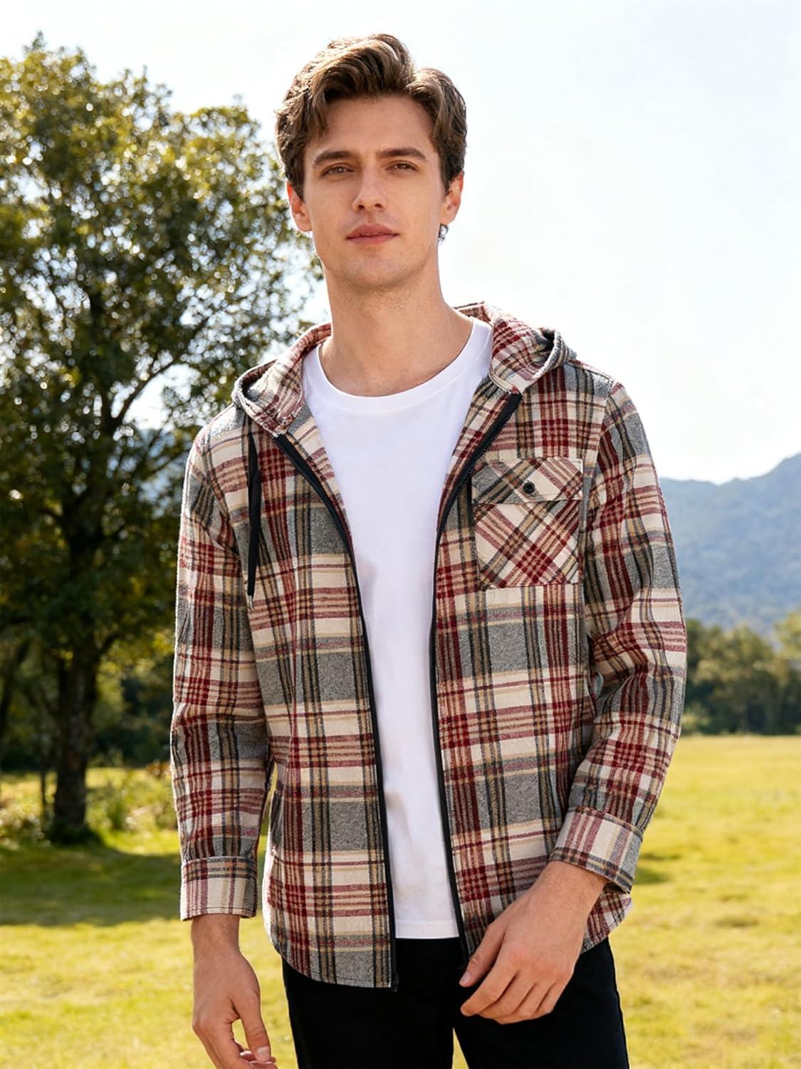 imageZITY Mens Cotton Linen Zip up Hoodies Long Sleeve Casual Tops Plaid Flannel Shirt with HoodWine Red Plaid