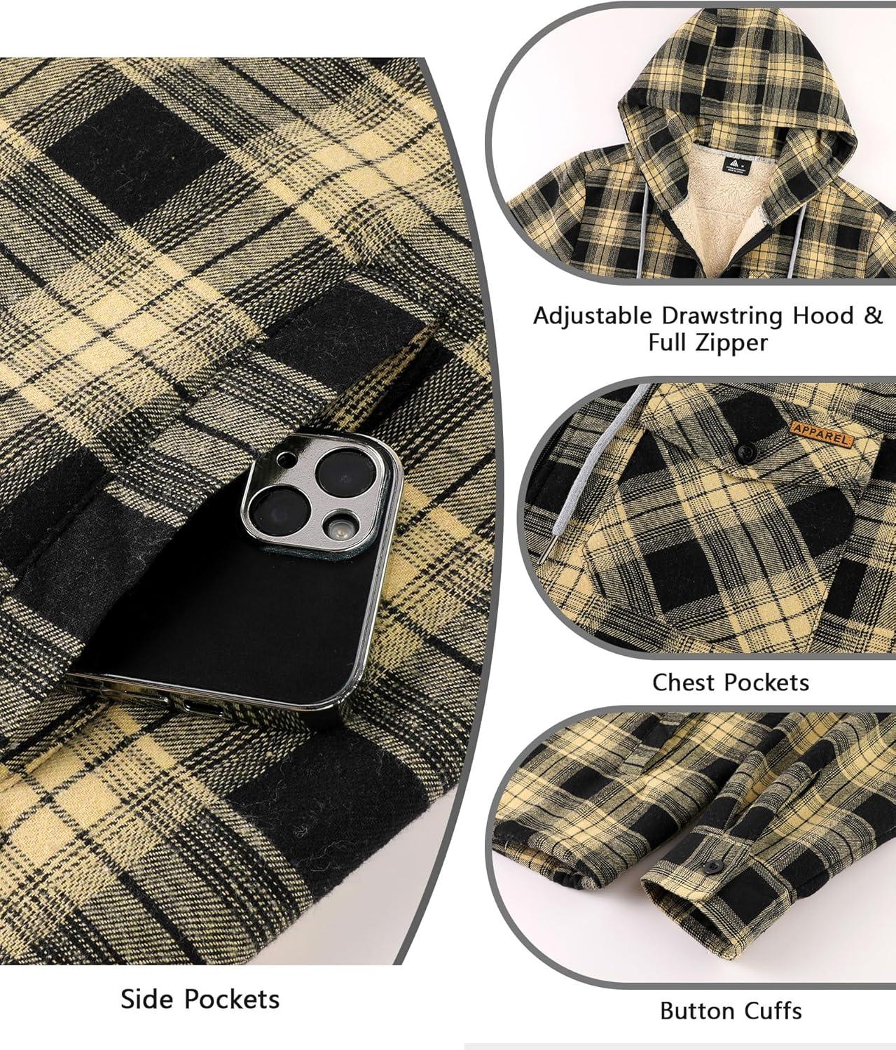 imageZITY Mens Flannel Jacket Zip Up Fleece Hoodies Casual Plaid Coat with Pokect Winter Warm Sherpa Lined SweatshirtBlack Beige