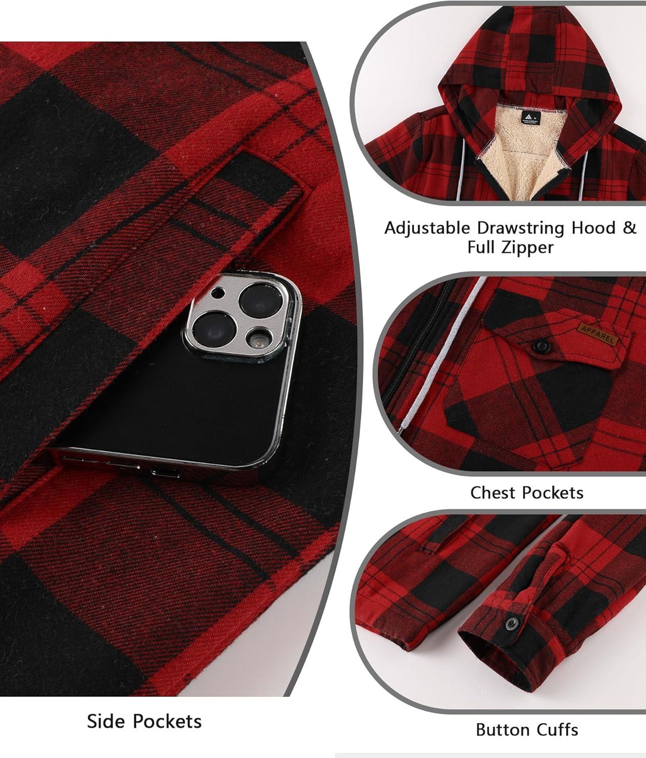 imageZITY Mens Flannel Jacket Zip Up Fleece Hoodies Casual Plaid Coat with Pokect Winter Warm Sherpa Lined SweatshirtBlack Red