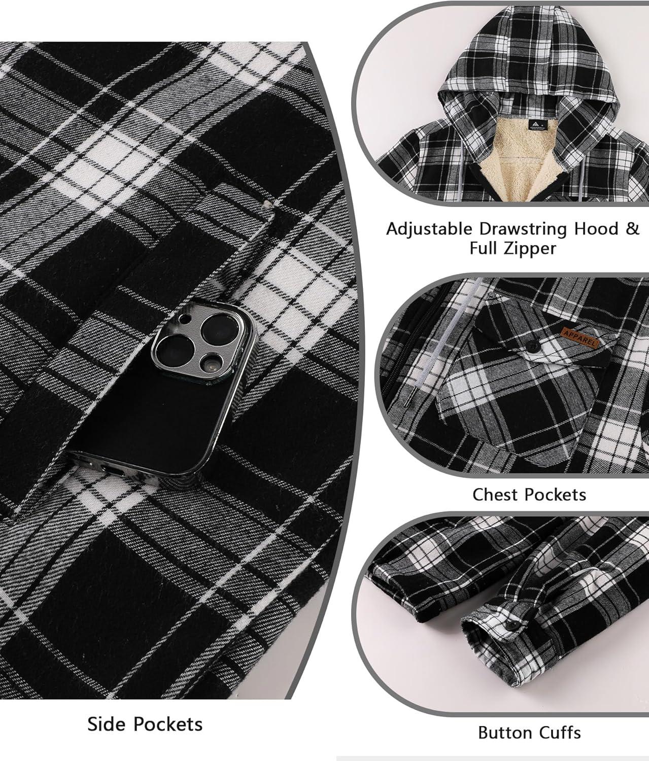 imageZITY Mens Flannel Jacket Zip Up Fleece Hoodies Casual Plaid Coat with Pokect Winter Warm Sherpa Lined SweatshirtBlack White