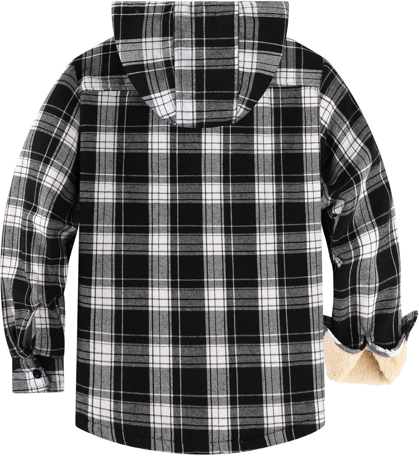 imageZITY Mens Flannel Jacket Zip Up Fleece Hoodies Casual Plaid Coat with Pokect Winter Warm Sherpa Lined SweatshirtBlack White