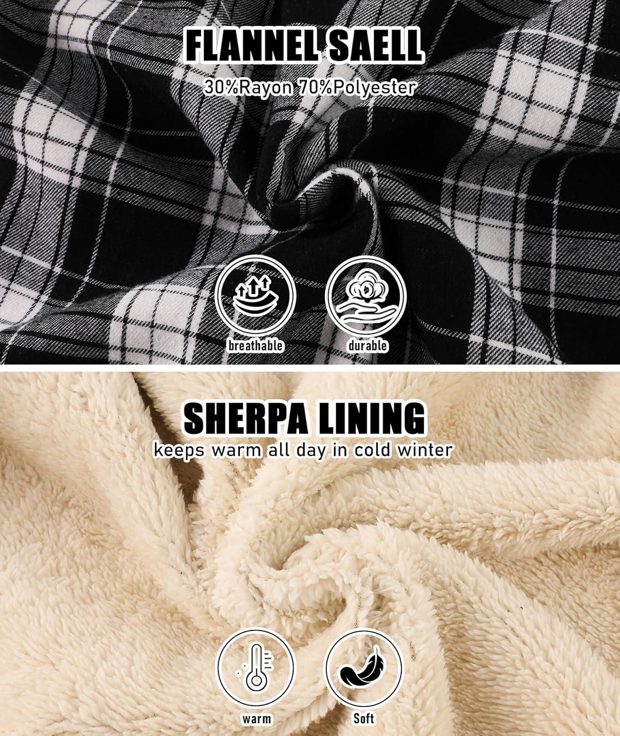 imageZITY Mens Flannel Jacket Zip Up Fleece Hoodies Casual Plaid Coat with Pokect Winter Warm Sherpa Lined SweatshirtBlack White